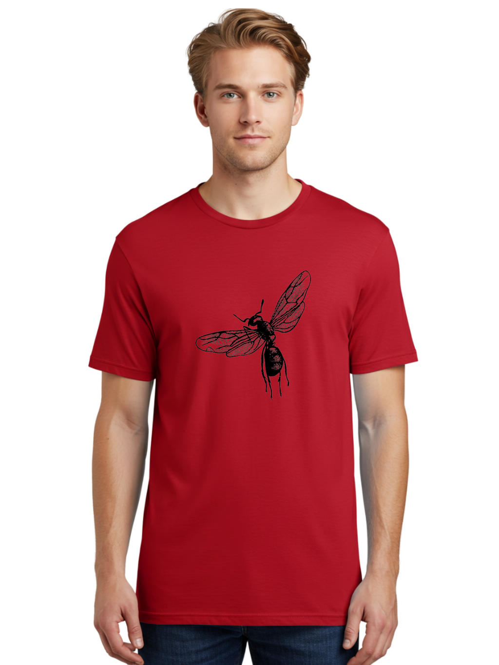 Bee Men'S Graphic Tee, 100% Cotton, Comfortable Casual Summer Wear, Machine Washable, Black Wasp In Flight, Insect Wings, Entomology Illustration, Detailed Drawing, Winged Creature, Insect Art Aab503