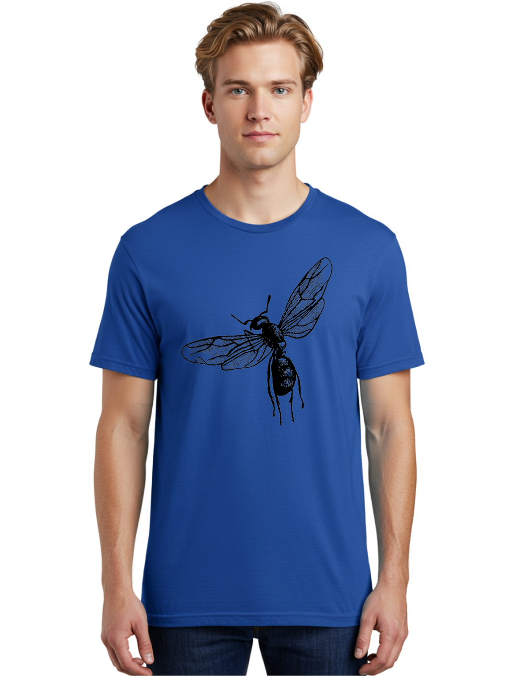 Bee Men'S Graphic Tee, 100% Cotton, Comfortable Casual Summer Wear, Machine Washable, Black Wasp In Flight, Insect Wings, Entomology Illustration, Detailed Drawing, Winged Creature, Insect Art Aab503