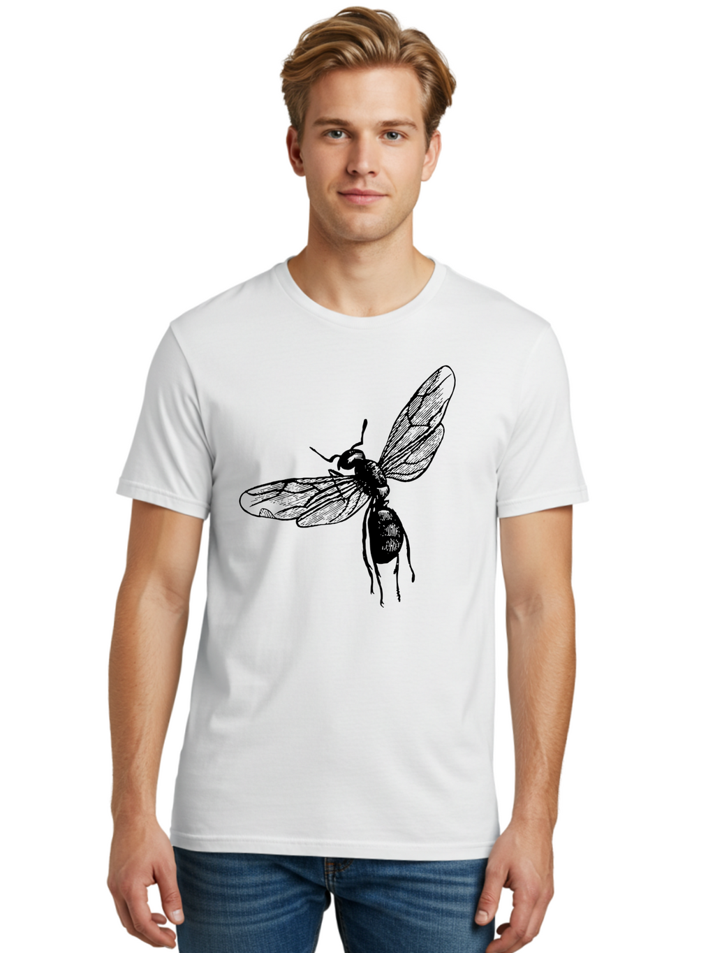 Bee Men'S Graphic Tee, 100% Cotton, Comfortable Casual Summer Wear, Machine Washable, Black Wasp In Flight, Insect Wings, Entomology Illustration, Detailed Drawing, Winged Creature, Insect Art Aab503