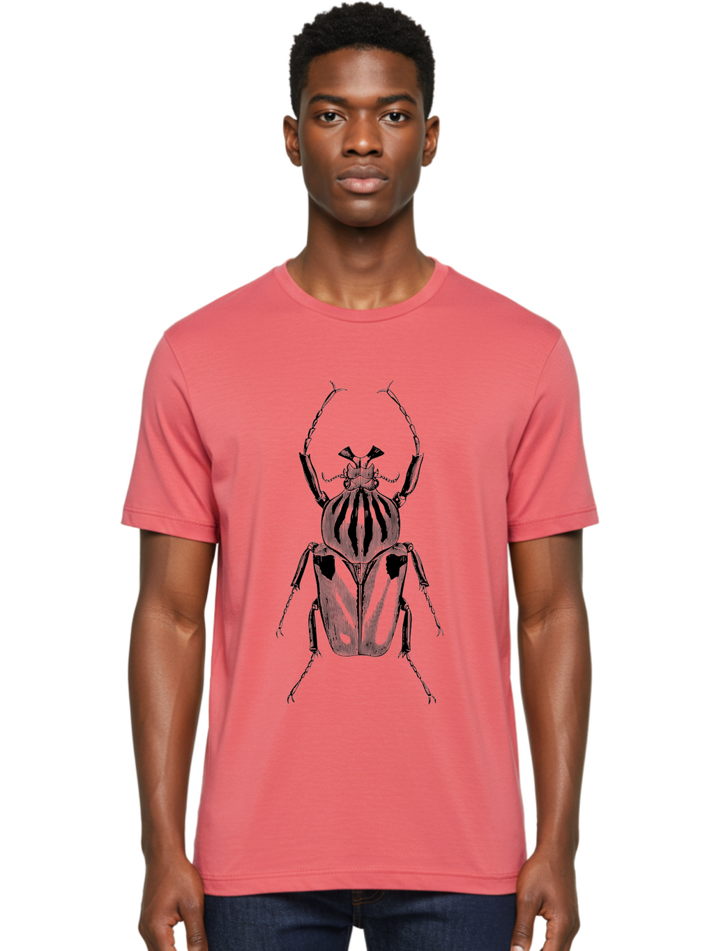 Beetle-Illustration-1 Men'S Graphic Tee, 100% Cotton, Comfortable Casual Summer Wear, Machine Washable, Beetle Illustration, Insect Art, Entomology, Striped Beetle, Black And Green, Detailed Drawing, Wildlife Illustration, Bug Graphics Aab507