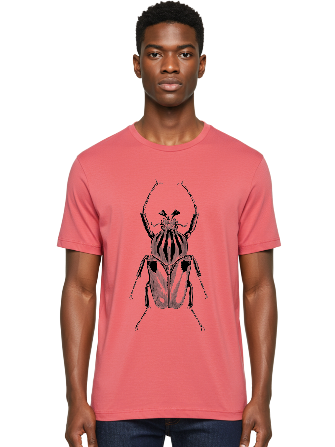 Beetle-Illustration-1 Men'S Graphic Tee, 100% Cotton, Comfortable Casual Summer Wear, Machine Washable, Beetle Illustration, Insect Art, Entomology, Striped Beetle, Black And Green, Detailed Drawing, Wildlife Illustration, Bug Graphics Aab507