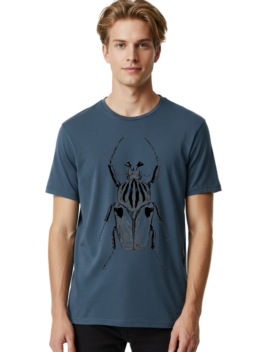Beetle-Illustration-1 Men'S Graphic Tee, 100% Cotton, Comfortable Casual Summer Wear, Machine Washable, Beetle Illustration, Insect Art, Entomology, Striped Beetle, Black And Green, Detailed Drawing, Wildlife Illustration, Bug Graphics Aab507