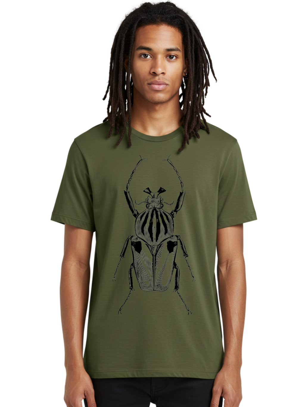 Beetle-Illustration-1 Men'S Graphic Tee, 100% Cotton, Comfortable Casual Summer Wear, Machine Washable, Beetle Illustration, Insect Art, Entomology, Striped Beetle, Black And Green, Detailed Drawing, Wildlife Illustration, Bug Graphics Aab507