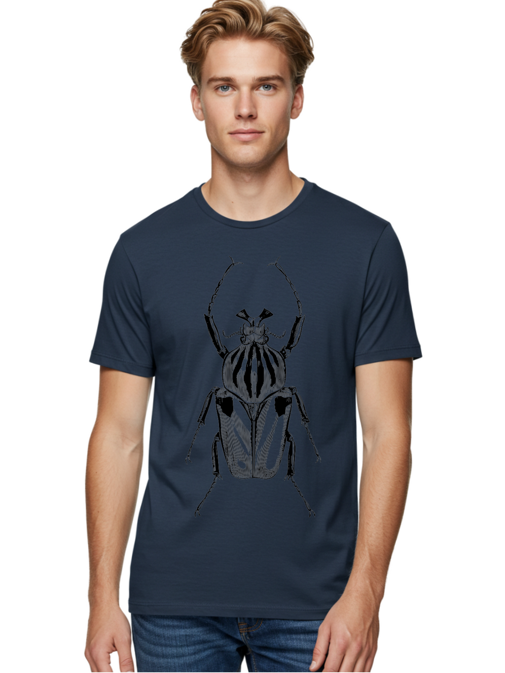 Beetle-Illustration-1 Men'S Graphic Tee, 100% Cotton, Comfortable Casual Summer Wear, Machine Washable, Beetle Illustration, Insect Art, Entomology, Striped Beetle, Black And Green, Detailed Drawing, Wildlife Illustration, Bug Graphics Aab507
