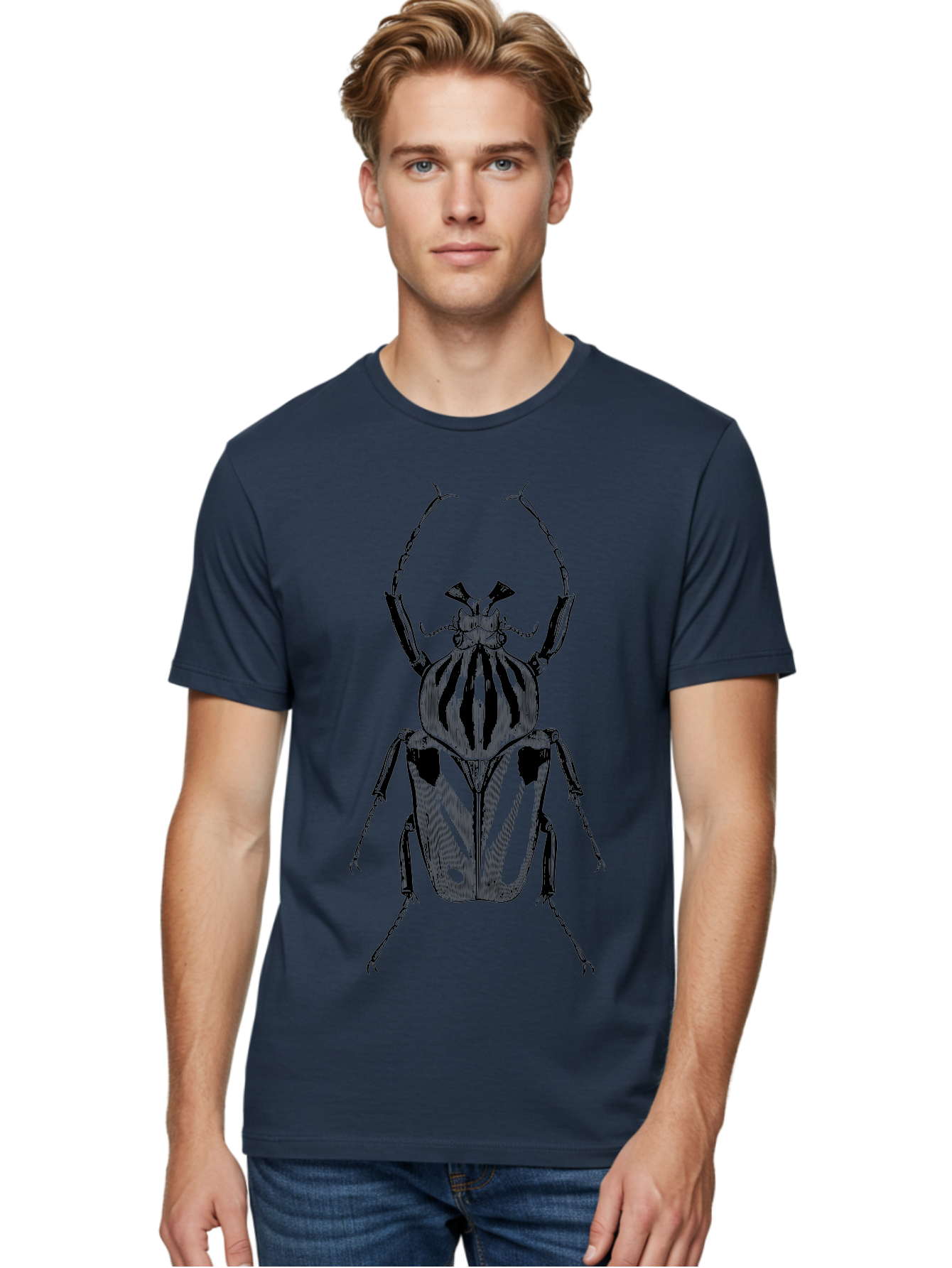 Beetle-Illustration-1 Men'S Graphic Tee, 100% Cotton, Comfortable Casual Summer Wear, Machine Washable, Beetle Illustration, Insect Art, Entomology, Striped Beetle, Black And Green, Detailed Drawing, Wildlife Illustration, Bug Graphics Aab507