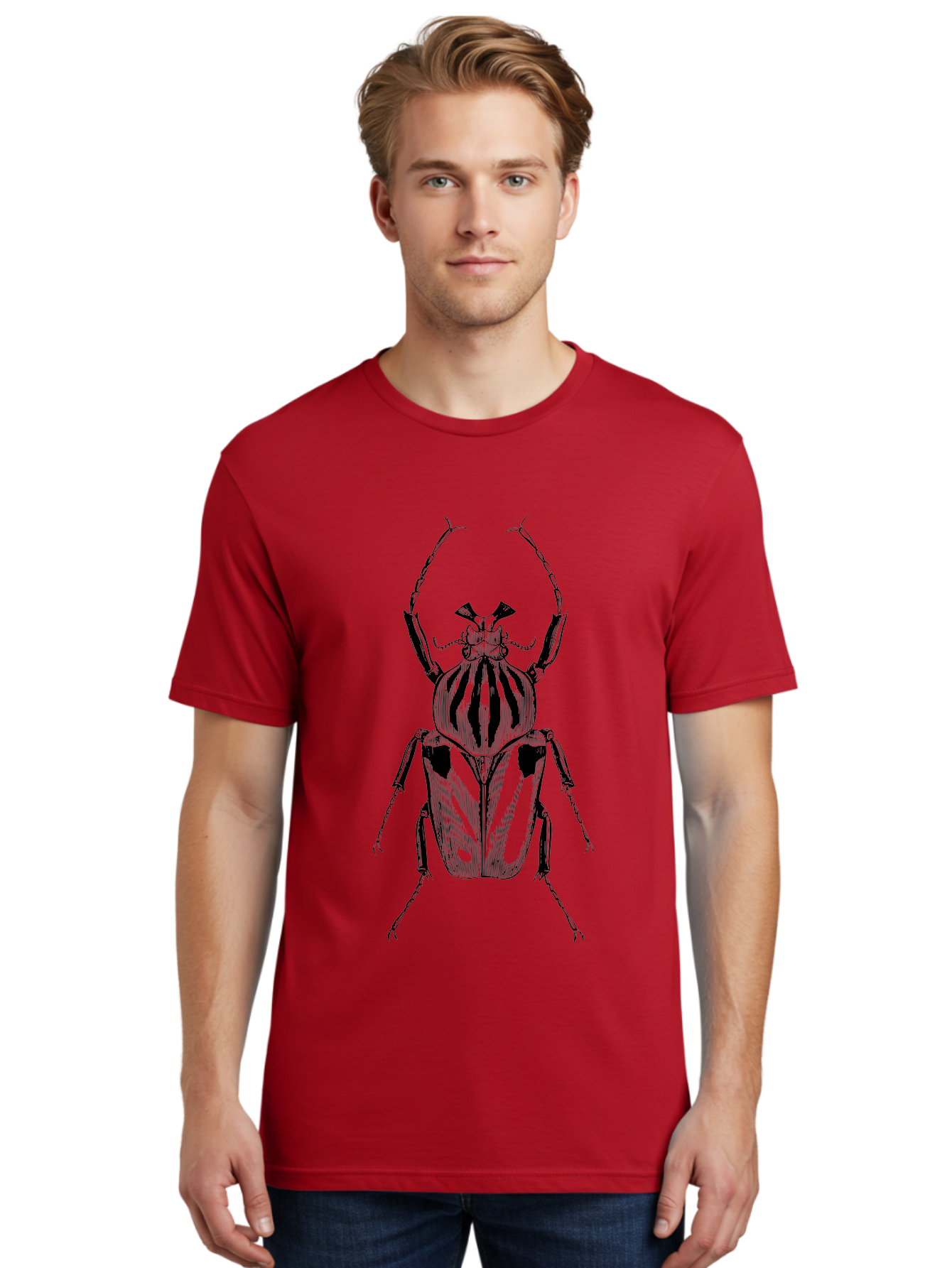 Beetle-Illustration-1 Men'S Graphic Tee, 100% Cotton, Comfortable Casual Summer Wear, Machine Washable, Beetle Illustration, Insect Art, Entomology, Striped Beetle, Black And Green, Detailed Drawing, Wildlife Illustration, Bug Graphics Aab507