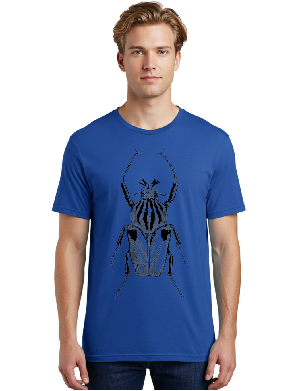 Beetle-Illustration-1 Men'S Graphic Tee, 100% Cotton, Comfortable Casual Summer Wear, Machine Washable, Beetle Illustration, Insect Art, Entomology, Striped Beetle, Black And Green, Detailed Drawing, Wildlife Illustration, Bug Graphics Aab507