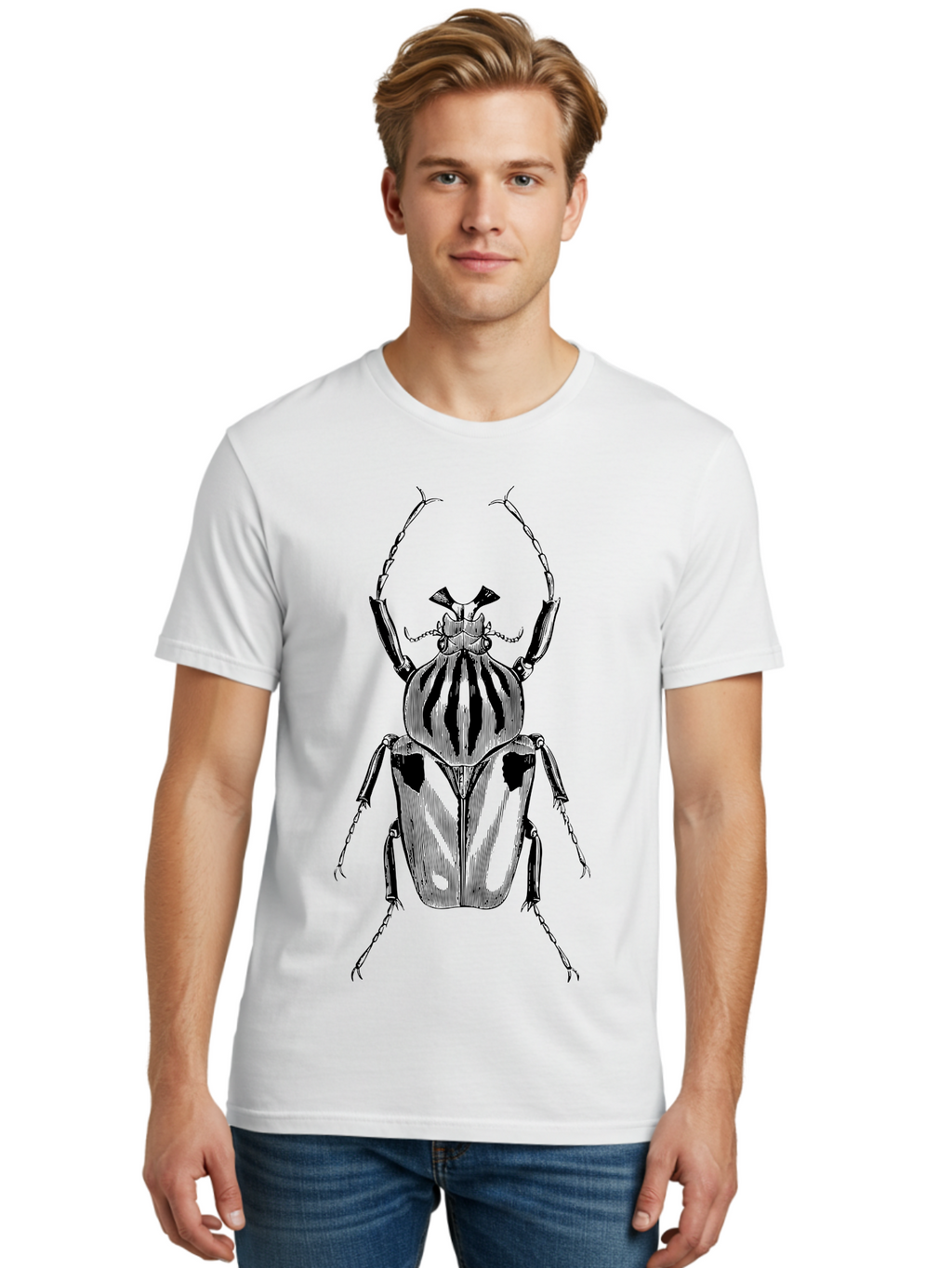Beetle-Illustration-1 Men'S Graphic Tee, 100% Cotton, Comfortable Casual Summer Wear, Machine Washable, Beetle Illustration, Insect Art, Entomology, Striped Beetle, Black And Green, Detailed Drawing, Wildlife Illustration, Bug Graphics Aab507