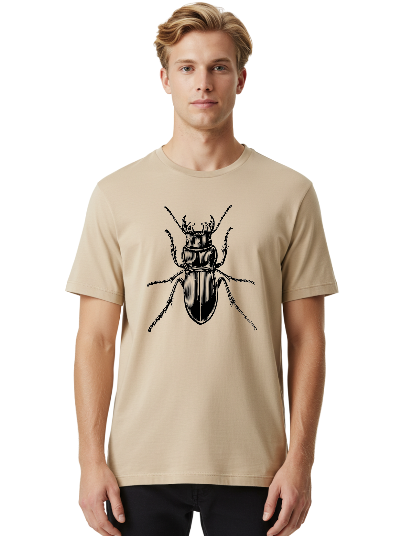 Beetle-Illustration-2 Men'S Graphic Tee, 100% Cotton, Comfortable Casual Summer Wear, Machine Washable, Beetle Illustration, Black Insect, Detailed Drawing, Entomology Art, Insect Anatomy, Wildlife Graphic, Bug Design, Ornate Beetle Aab508