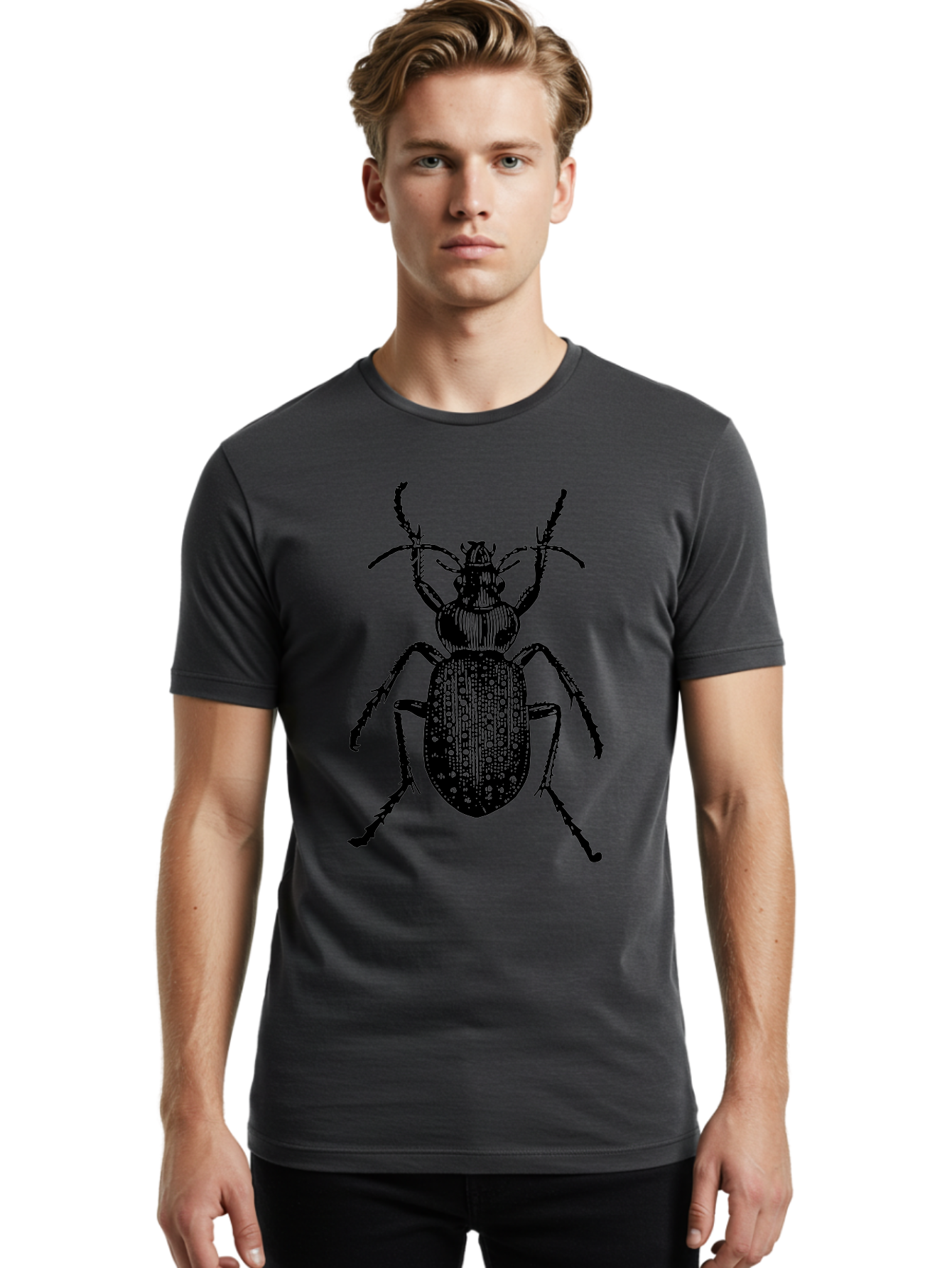 Beetle Men'S Graphic Tee, 100% Cotton, Comfortable Casual Summer Wear, Machine Washable, Black Beetle, Insect Illustration, Detailed Drawing, Entomology Art, Bug Graphic, Beetle Silhouette, Six Legs, Antennae, Insect Anatomy, Ornate Details Aab510