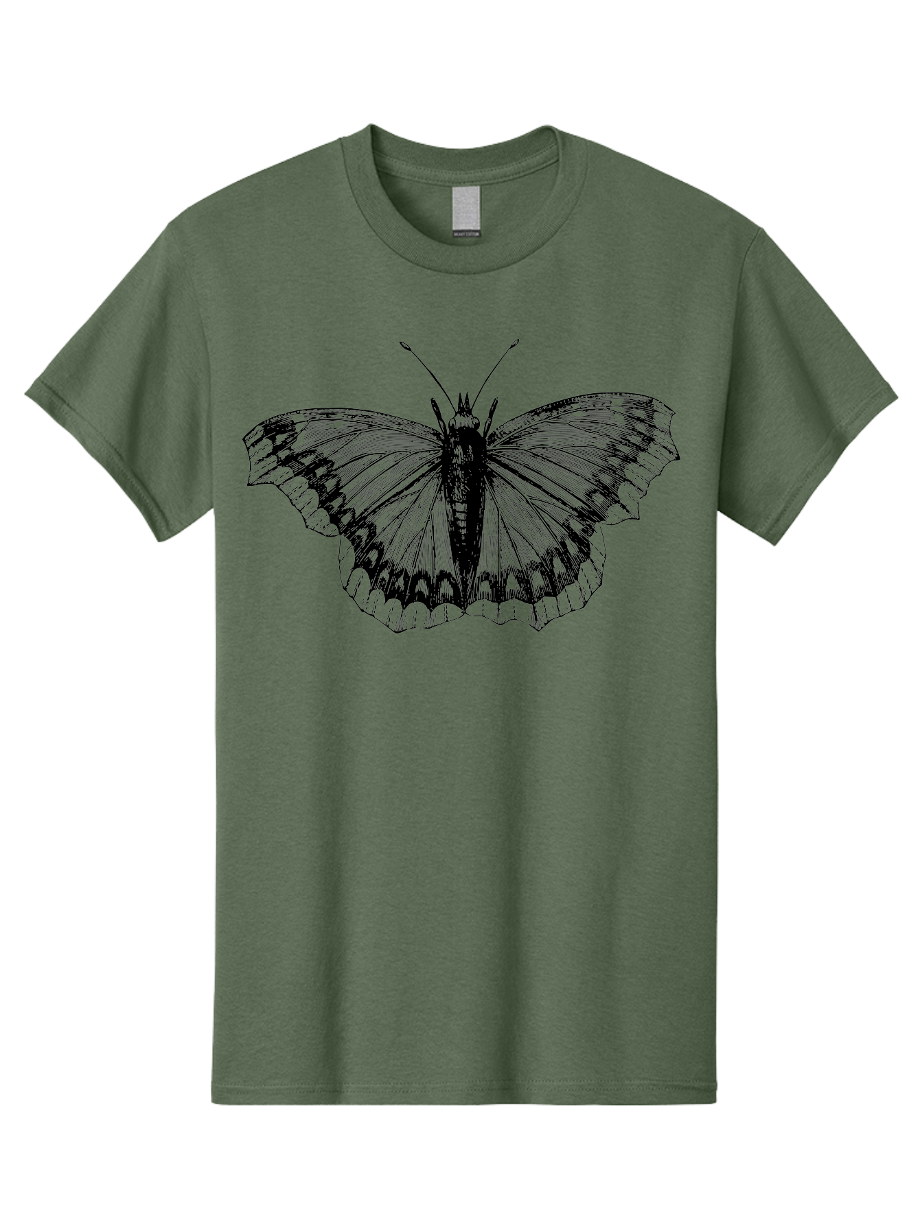 Butterfly-Illustration Men'S Graphic Tee, 100% Cotton, Comfortable Casual Summer Wear, Machine Washable, Butterfly Illustration, Insect Art, Wing Patterns, Detailed Drawing, Black And Green Hues, Fragile Beauty, Natural Design Aab514