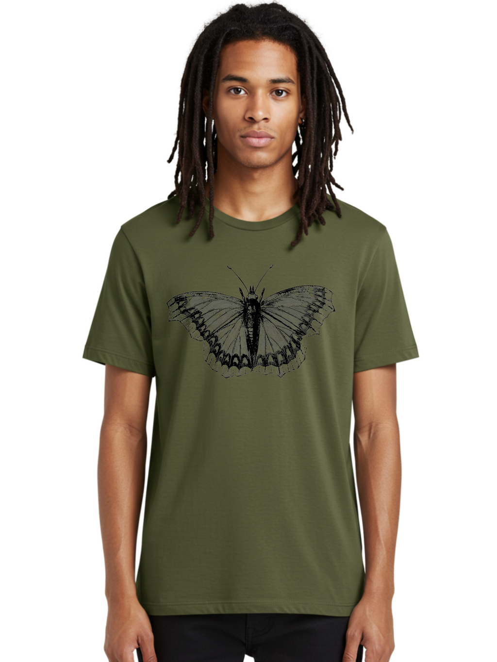Butterfly-Illustration Men'S Graphic Tee, 100% Cotton, Comfortable Casual Summer Wear, Machine Washable, Butterfly Illustration, Insect Art, Wing Patterns, Detailed Drawing, Black And Green Hues, Fragile Beauty, Natural Design Aab514