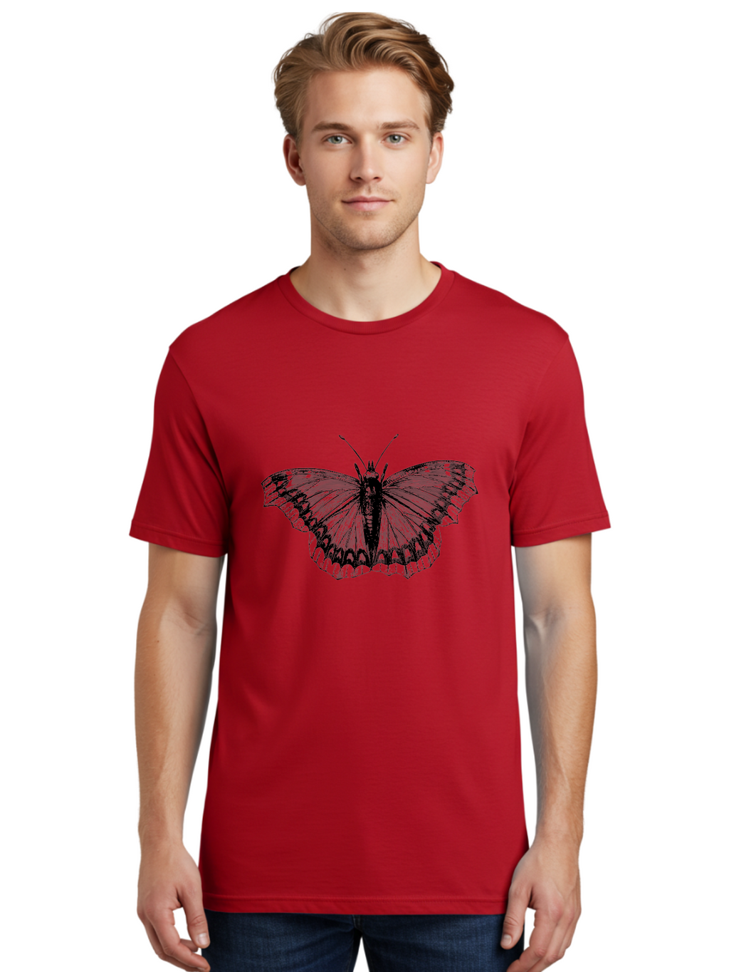 Butterfly-Illustration Men'S Graphic Tee, 100% Cotton, Comfortable Casual Summer Wear, Machine Washable, Butterfly Illustration, Insect Art, Wing Patterns, Detailed Drawing, Black And Green Hues, Fragile Beauty, Natural Design Aab514