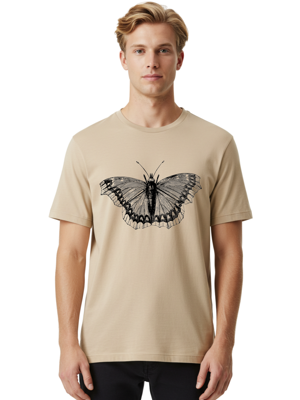 Butterfly-Illustration Men'S Graphic Tee, 100% Cotton, Comfortable Casual Summer Wear, Machine Washable, Butterfly Illustration, Insect Art, Wing Patterns, Detailed Drawing, Black And Green Hues, Fragile Beauty, Natural Design Aab514