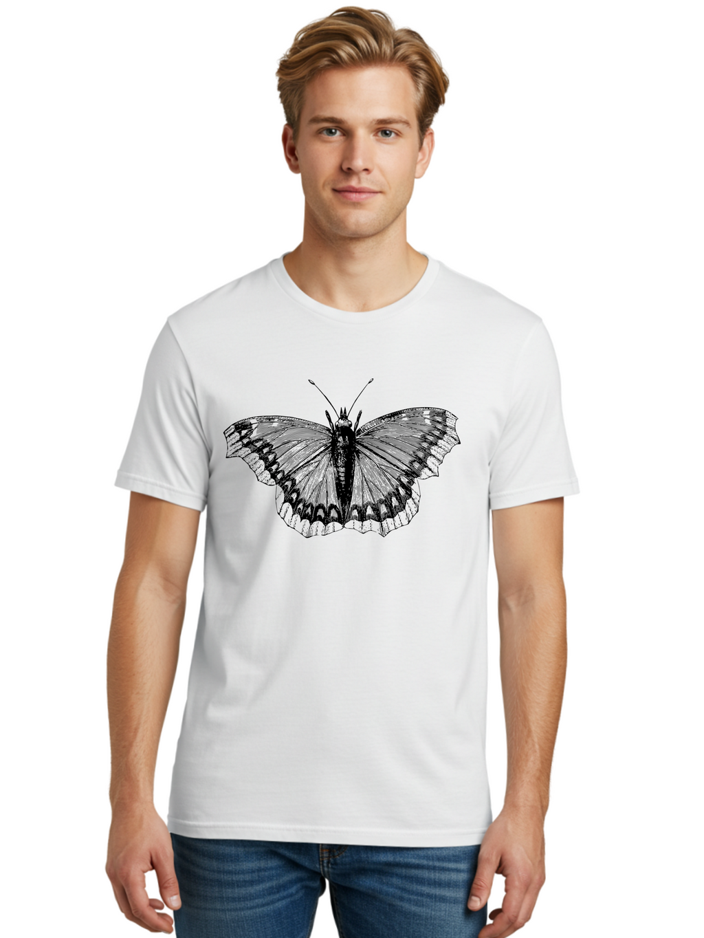 Butterfly-Illustration Men'S Graphic Tee, 100% Cotton, Comfortable Casual Summer Wear, Machine Washable, Butterfly Illustration, Insect Art, Wing Patterns, Detailed Drawing, Black And Green Hues, Fragile Beauty, Natural Design Aab514