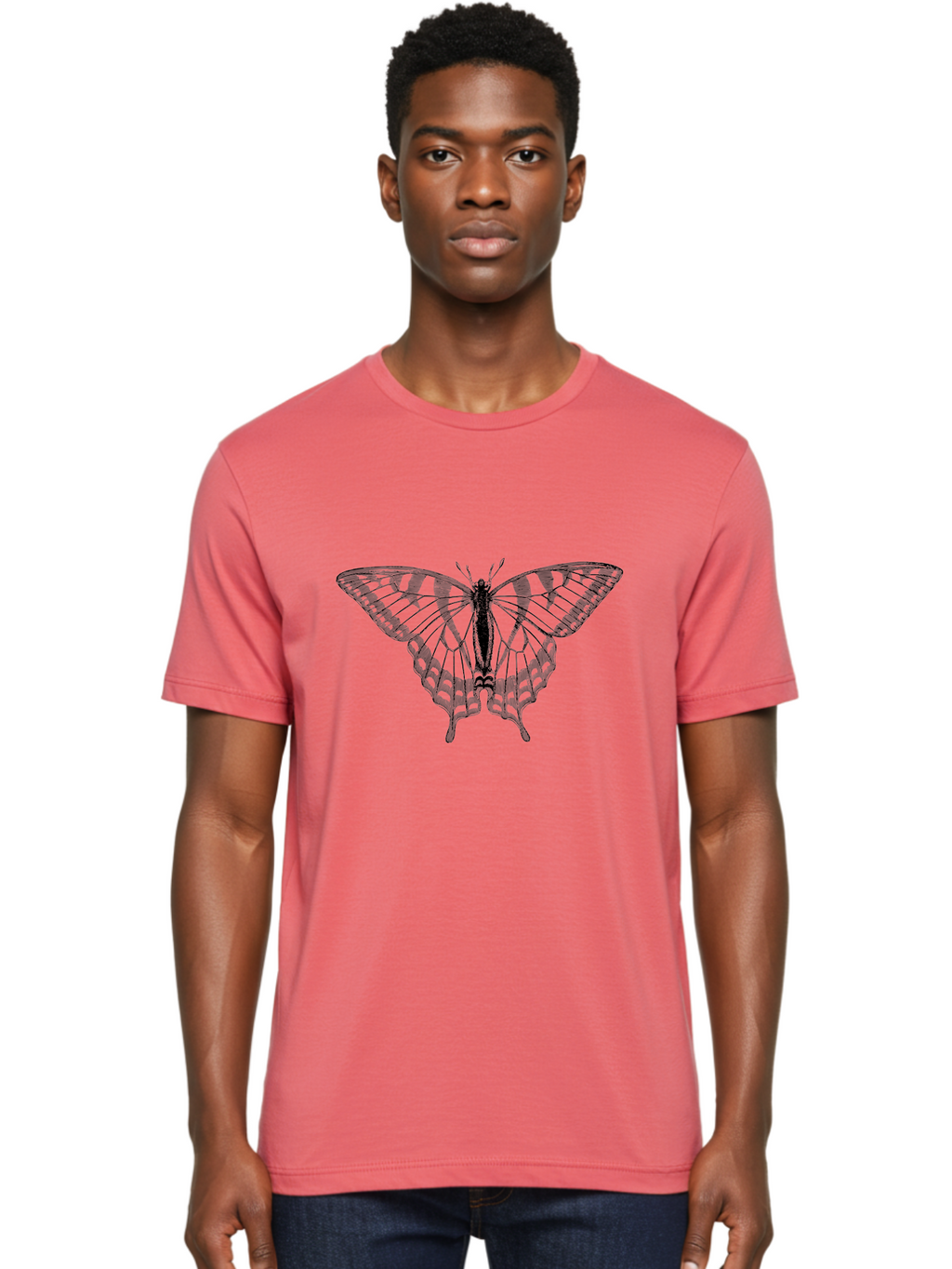 Butterfly-Silhouette Men'S Graphic Tee, 100% Cotton, Comfortable Casual Summer Wear, Machine Washable, Black Butterfly, Transparent Wings, Delicate Pattern, Intricate Design, Wings Spread Wide, Detailed Texture, Fragile Beauty, Insect Art Aab516