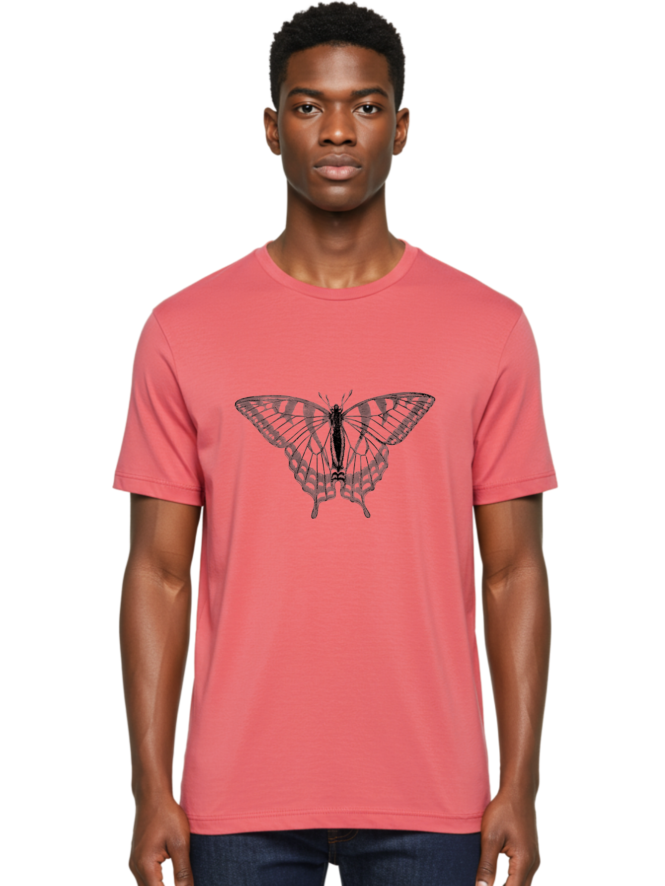 Butterfly-Silhouette Men'S Graphic Tee, 100% Cotton, Comfortable Casual Summer Wear, Machine Washable, Black Butterfly, Transparent Wings, Delicate Pattern, Intricate Design, Wings Spread Wide, Detailed Texture, Fragile Beauty, Insect Art Aab516
