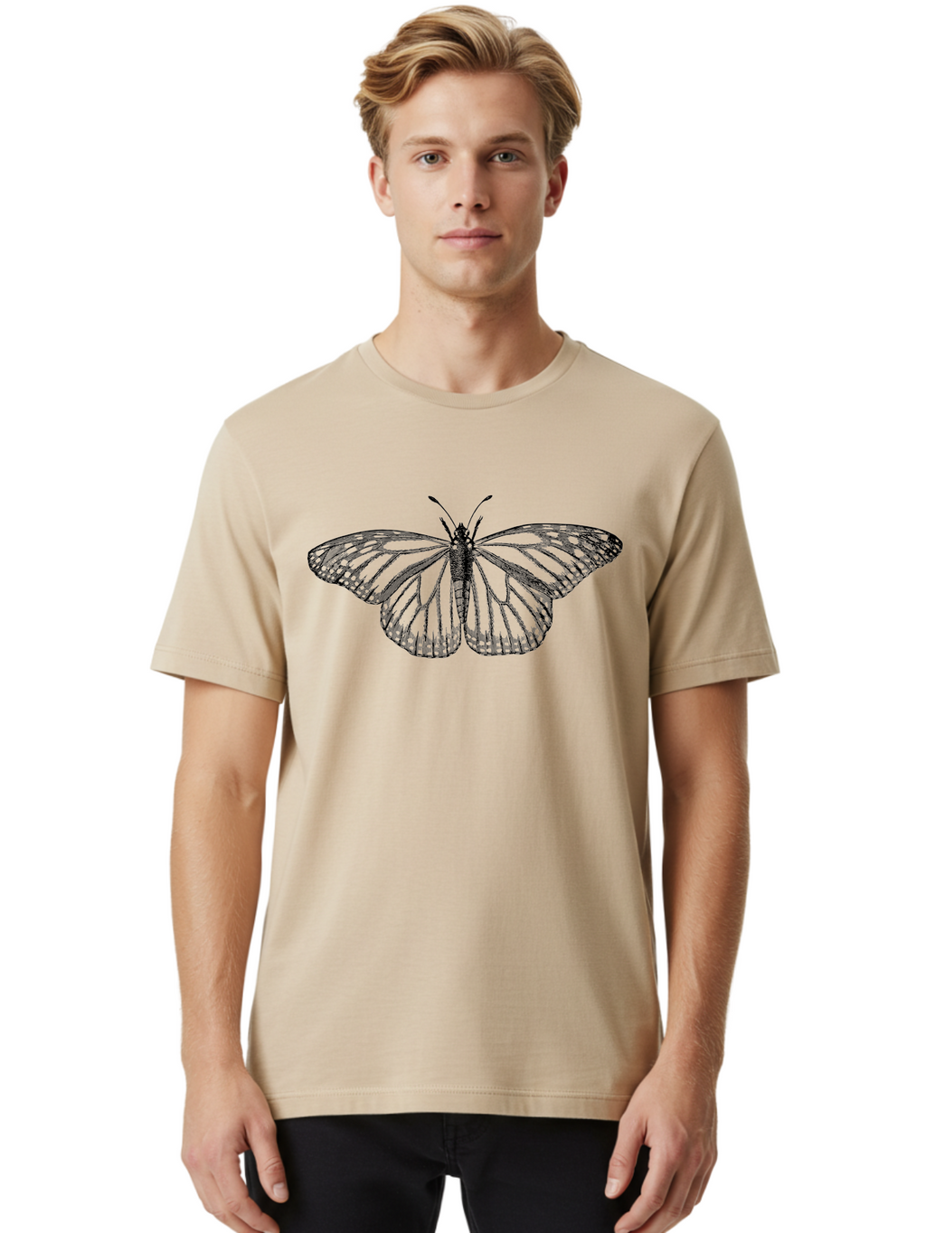 Butterfly Men'S Graphic Tee, 100% Cotton, Comfortable Casual Summer Wear, Machine Washable, Black Butterfly, Transparent Wings, Intricate Details, Delicate Patterns, Winged Insect, Symbolic Creature, Artistic Design, Natural Wonder, Aab517