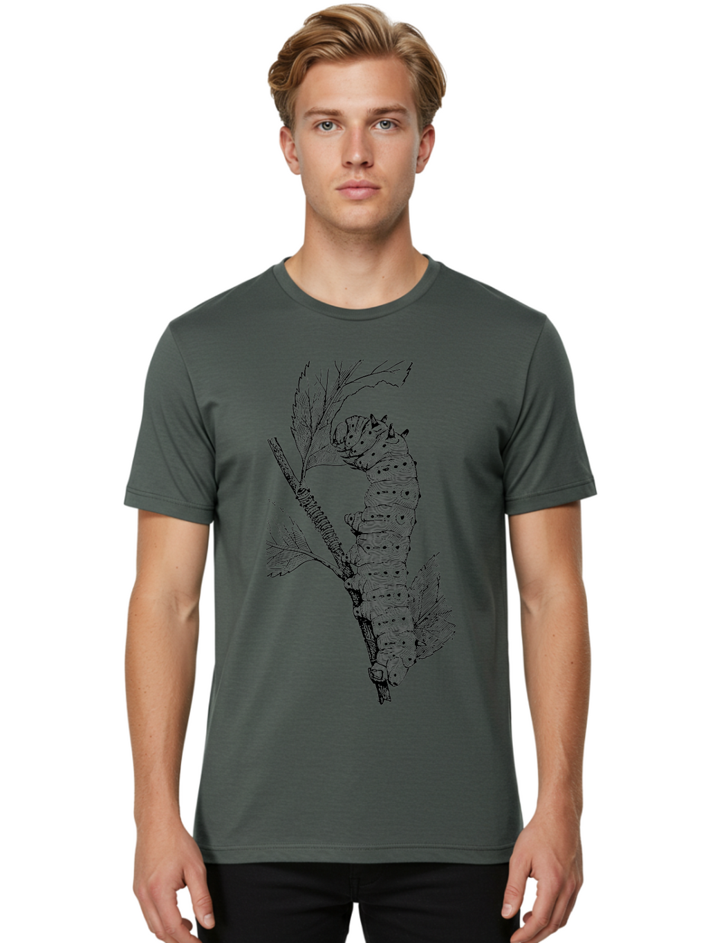 Caterpillar-On-Leaf-1 Men'S Graphic Tee, 100% Cotton, Comfortable Casual Summer Wear, Machine Washable, Caterpillar Eating Leaf, Insect Metamorphosis, Wildlife Illustration, Caterpillar Stage, Leaf Damage, Insect Life Cycle, Garden Pest Aab519