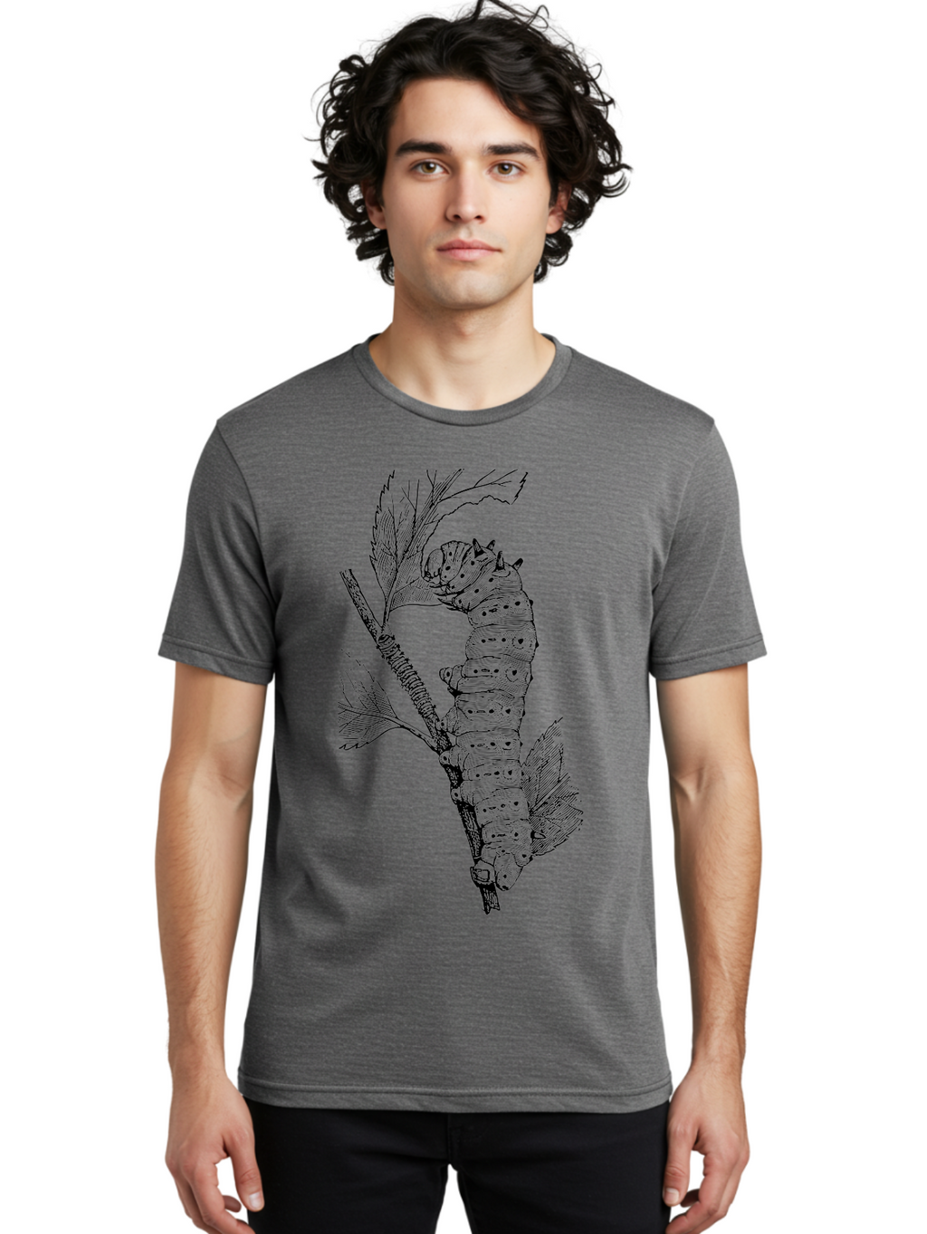 Caterpillar-On-Leaf-1 Men'S Graphic Tee, 100% Cotton, Comfortable Casual Summer Wear, Machine Washable, Caterpillar Eating Leaf, Insect Metamorphosis, Wildlife Illustration, Caterpillar Stage, Leaf Damage, Insect Life Cycle, Garden Pest Aab519