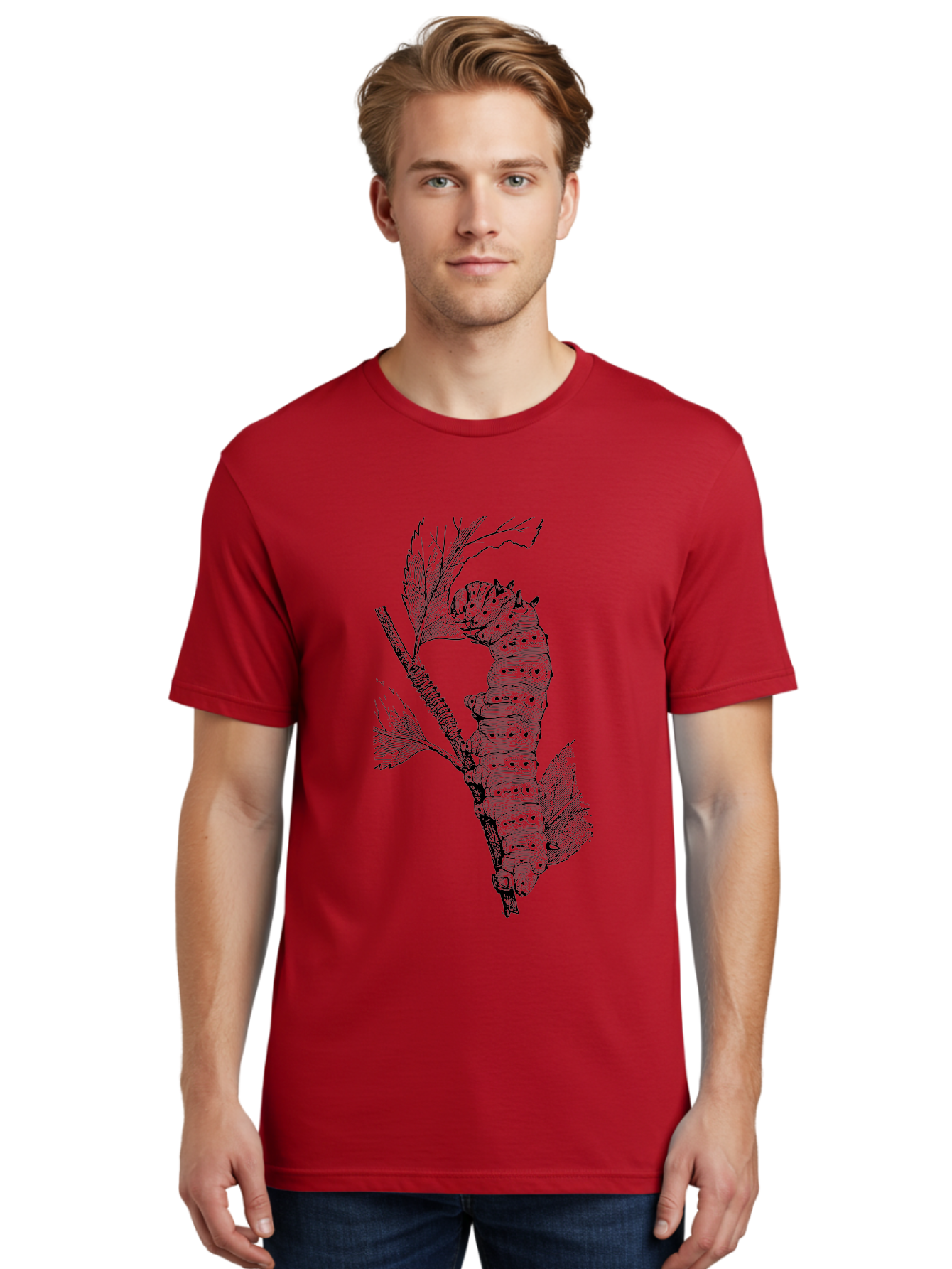 Caterpillar-On-Leaf-1 Men'S Graphic Tee, 100% Cotton, Comfortable Casual Summer Wear, Machine Washable, Caterpillar Eating Leaf, Insect Metamorphosis, Wildlife Illustration, Caterpillar Stage, Leaf Damage, Insect Life Cycle, Garden Pest Aab519