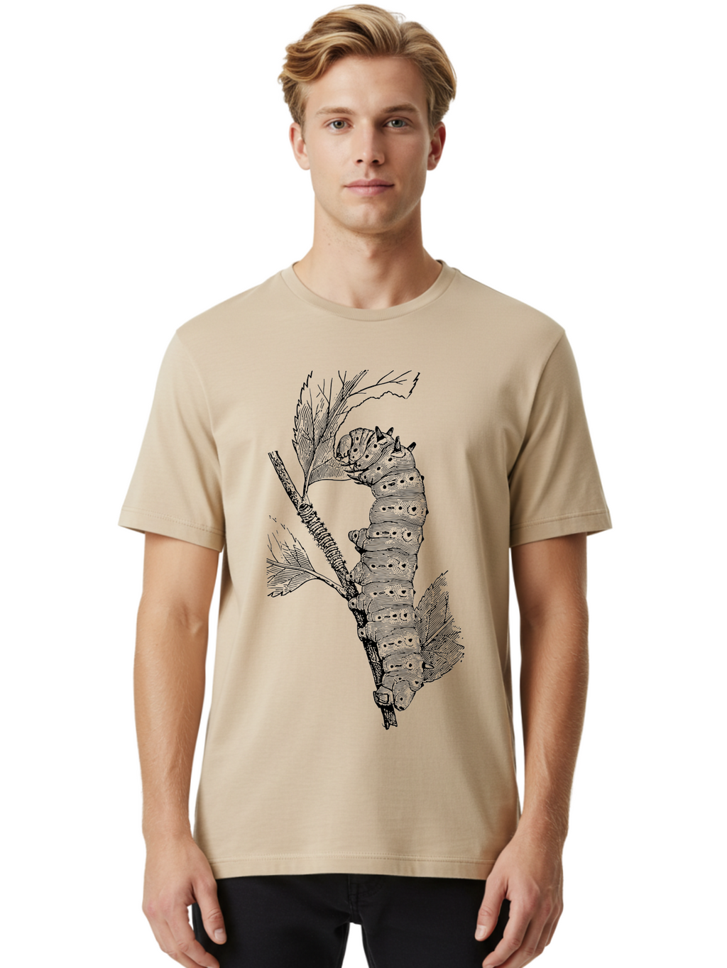 Caterpillar-On-Leaf-1 Men'S Graphic Tee, 100% Cotton, Comfortable Casual Summer Wear, Machine Washable, Caterpillar Eating Leaf, Insect Metamorphosis, Wildlife Illustration, Caterpillar Stage, Leaf Damage, Insect Life Cycle, Garden Pest Aab519