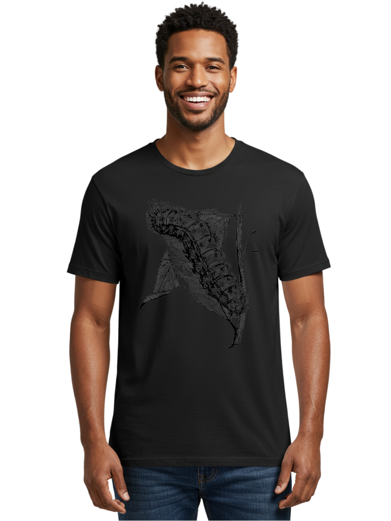Caterpillar-On-Leaf Men'S Graphic Tee, 100% Cotton, Comfortable Casual Summer Wear, Machine Washable, Caterpillar On A Leaf, Insect Life Cycle, Metamorphosis, Nature Illustration, Botanical Art, Wildlife, Detailed Drawing, Spiky Caterpillar, Aab520