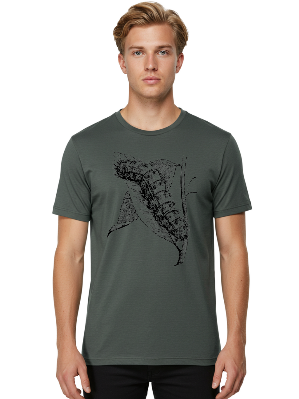 Caterpillar-On-Leaf Men'S Graphic Tee, 100% Cotton, Comfortable Casual Summer Wear, Machine Washable, Caterpillar On A Leaf, Insect Life Cycle, Metamorphosis, Nature Illustration, Botanical Art, Wildlife, Detailed Drawing, Spiky Caterpillar, Aab520