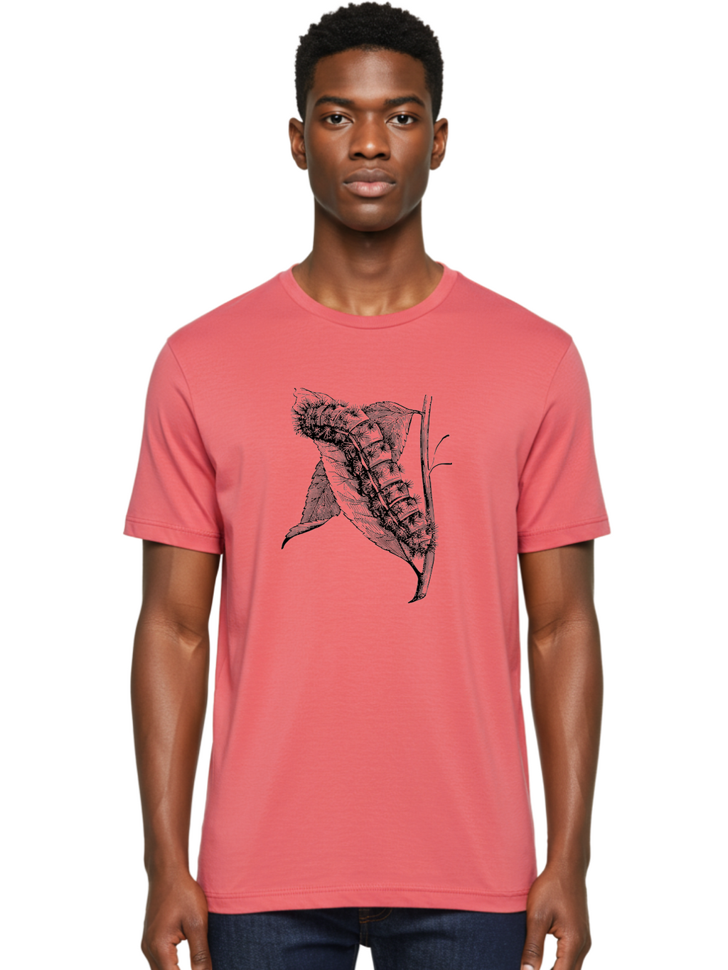 Caterpillar-On-Leaf Men'S Graphic Tee, 100% Cotton, Comfortable Casual Summer Wear, Machine Washable, Caterpillar On A Leaf, Insect Life Cycle, Metamorphosis, Nature Illustration, Botanical Art, Wildlife, Detailed Drawing, Spiky Caterpillar, Aab520