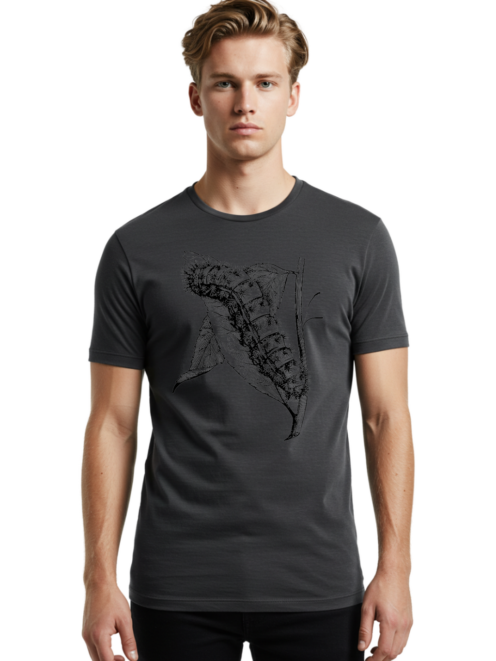 Caterpillar-On-Leaf Men'S Graphic Tee, 100% Cotton, Comfortable Casual Summer Wear, Machine Washable, Caterpillar On A Leaf, Insect Life Cycle, Metamorphosis, Nature Illustration, Botanical Art, Wildlife, Detailed Drawing, Spiky Caterpillar, Aab520