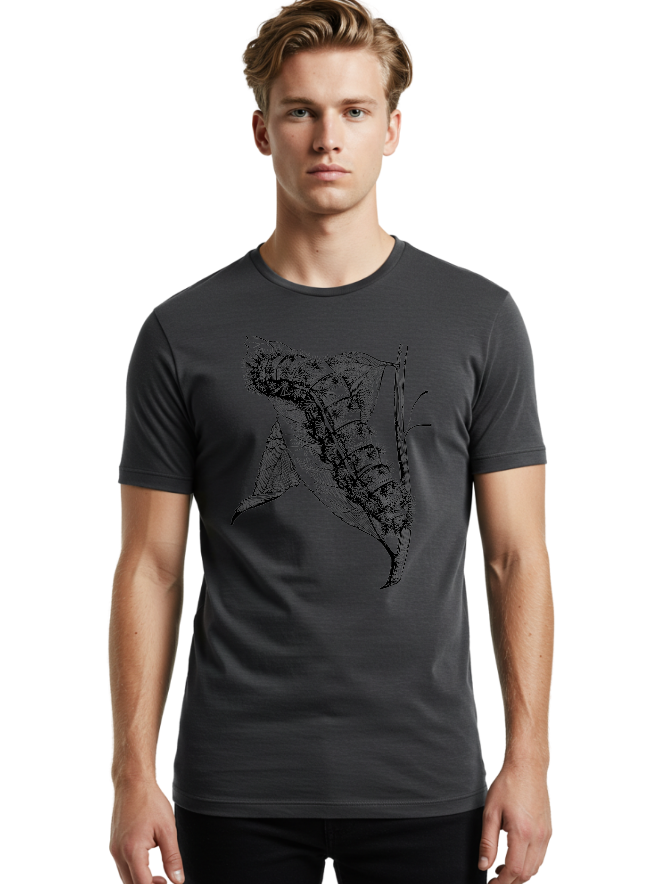 Caterpillar-On-Leaf Men'S Graphic Tee, 100% Cotton, Comfortable Casual Summer Wear, Machine Washable, Caterpillar On A Leaf, Insect Life Cycle, Metamorphosis, Nature Illustration, Botanical Art, Wildlife, Detailed Drawing, Spiky Caterpillar, Aab520