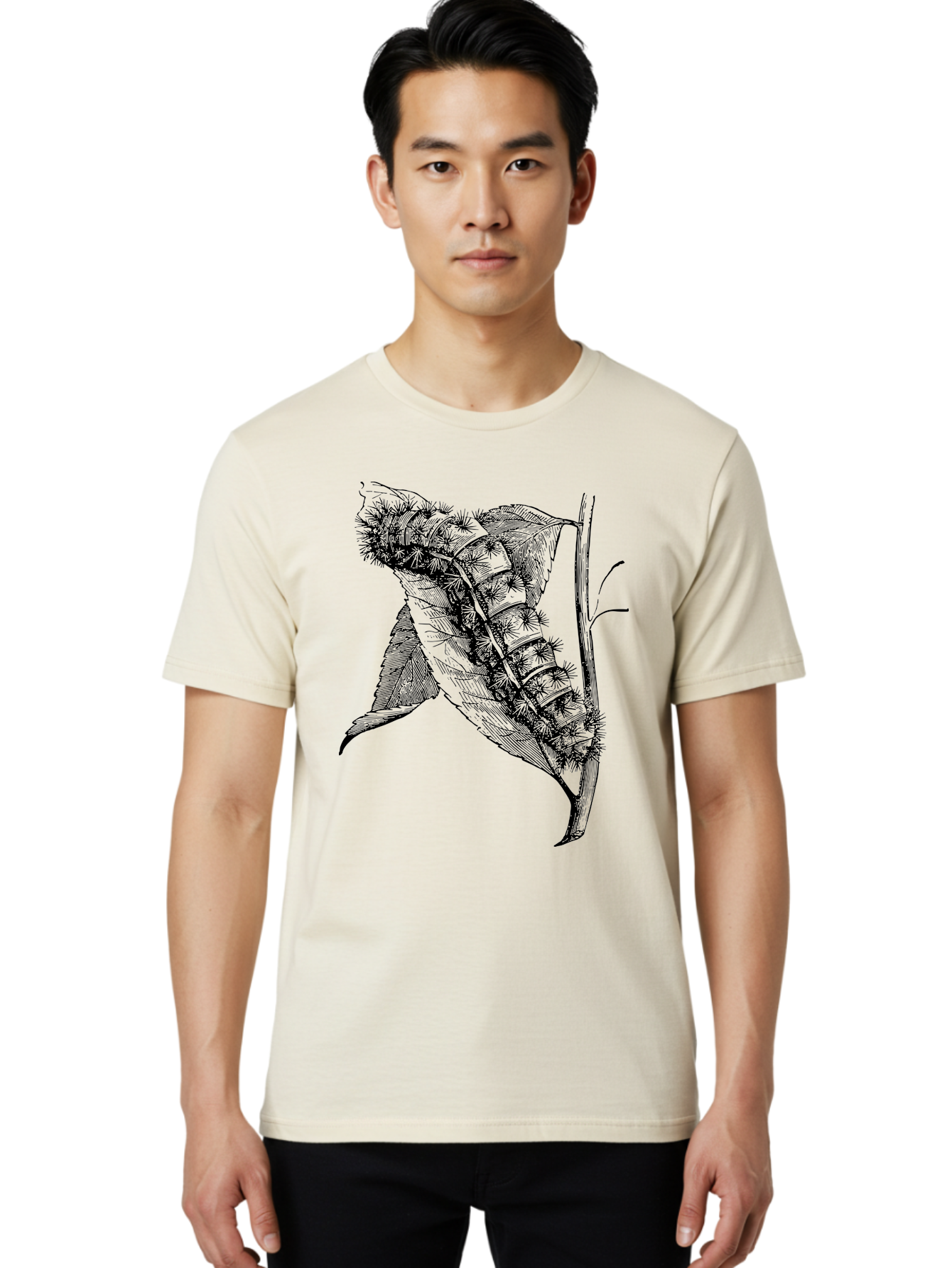 Caterpillar-On-Leaf Men'S Graphic Tee, 100% Cotton, Comfortable Casual Summer Wear, Machine Washable, Caterpillar On A Leaf, Insect Life Cycle, Metamorphosis, Nature Illustration, Botanical Art, Wildlife, Detailed Drawing, Spiky Caterpillar, Aab520