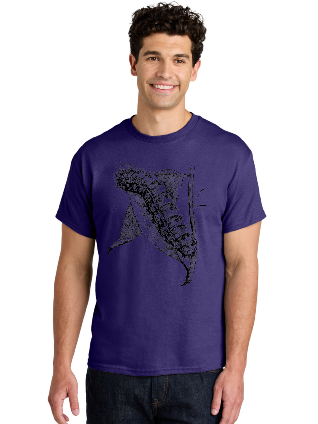 Caterpillar-On-Leaf Men'S Graphic Tee, 100% Cotton, Comfortable Casual Summer Wear, Machine Washable, Caterpillar On A Leaf, Insect Life Cycle, Metamorphosis, Nature Illustration, Botanical Art, Wildlife, Detailed Drawing, Spiky Caterpillar, Aab520