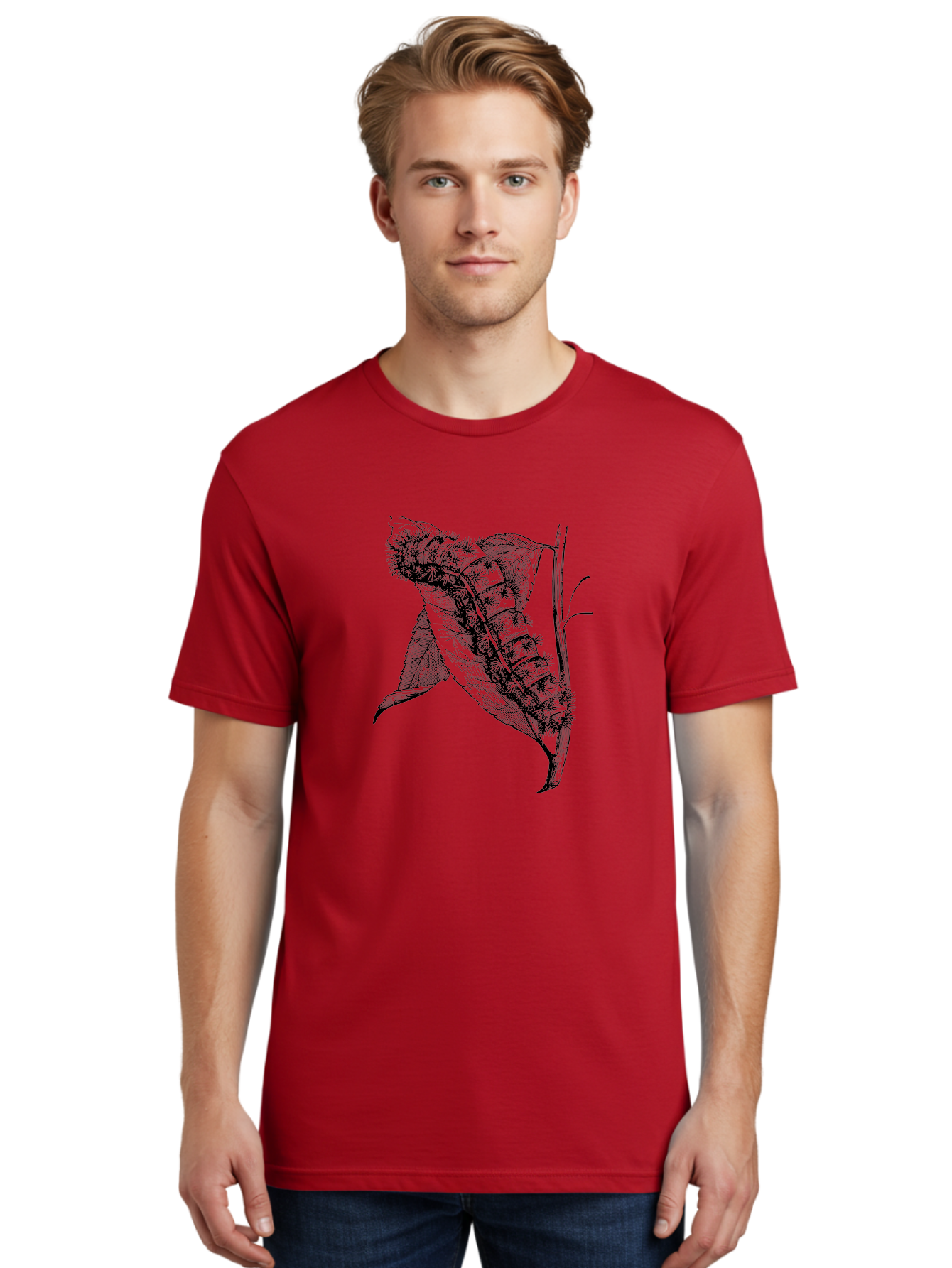 Caterpillar-On-Leaf Men'S Graphic Tee, 100% Cotton, Comfortable Casual Summer Wear, Machine Washable, Caterpillar On A Leaf, Insect Life Cycle, Metamorphosis, Nature Illustration, Botanical Art, Wildlife, Detailed Drawing, Spiky Caterpillar, Aab520