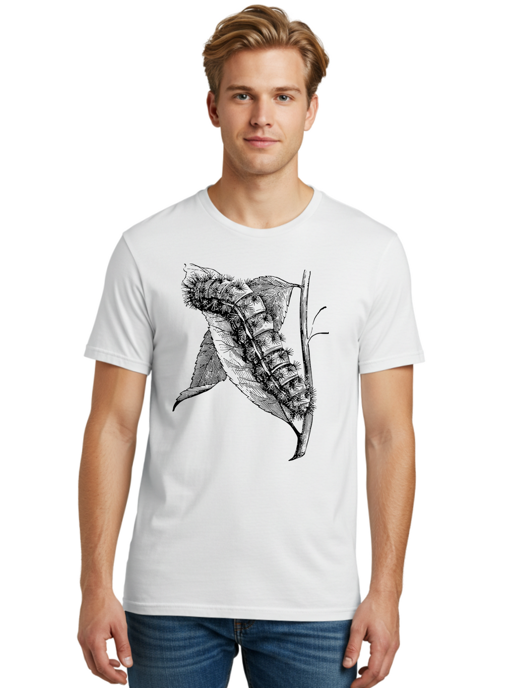 Caterpillar-On-Leaf Men'S Graphic Tee, 100% Cotton, Comfortable Casual Summer Wear, Machine Washable, Caterpillar On A Leaf, Insect Life Cycle, Metamorphosis, Nature Illustration, Botanical Art, Wildlife, Detailed Drawing, Spiky Caterpillar, Aab520