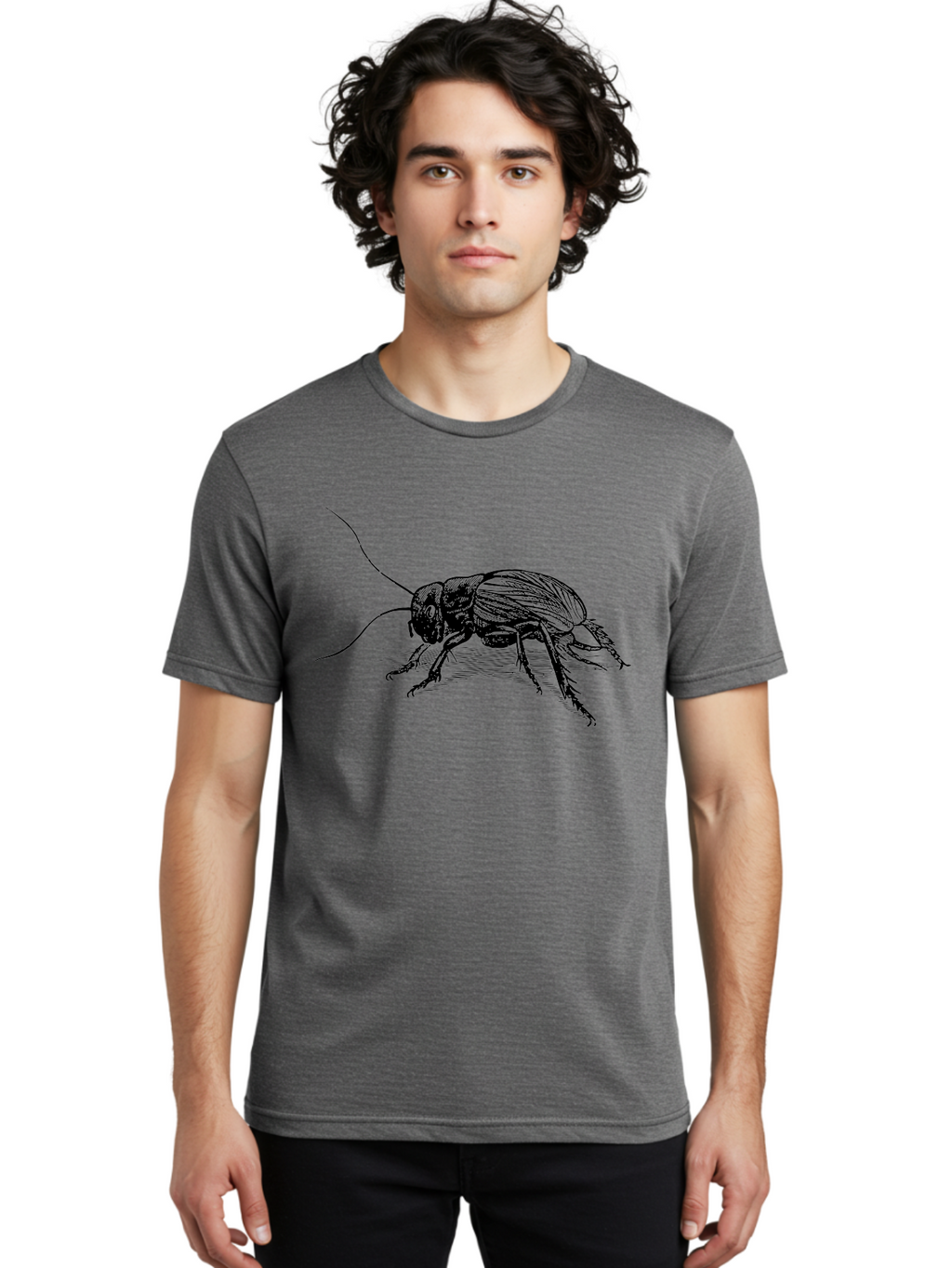 Cricket-2 Men'S Graphic Tee, 100% Cotton, Comfortable Casual Summer Wear, Machine Washable, Cricket Insect, Black Illustration, Detailed Drawing, Insect Anatomy, Entomology Art, Wildlife Illustration, Insect Wings, Long Antennae Aab525