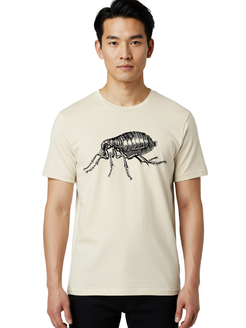 Flea Men'S Graphic Tee, 100% Cotton, Comfortable Casual Summer Wear, Machine Washable, Flea, Insect, Parasite, Pest Control, Pet Care, Biting Insect, Black And White Illustration, Detailed Drawing, Six Legs Aab531