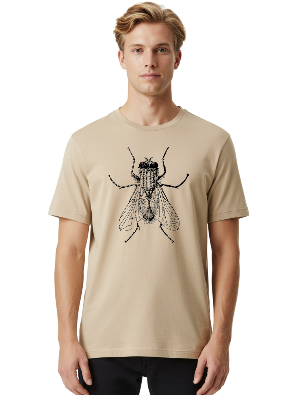 Fly-Illustration Men'S Graphic Tee, 100% Cotton, Comfortable Casual Summer Wear, Machine Washable, Fly, Insect, Black And White Illustration, Detailed Drawing, Entomology, Insect Anatomy, Fly Species, Winged Insect, Bug, Zoology Aab532