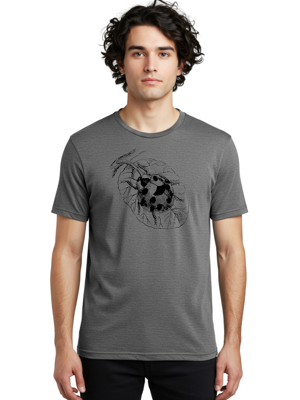Ladybug-On-Leaf Men'S Graphic Tee, 100% Cotton, Comfortable Casual Summer Wear, Machine Washable, Ladybug On A Leaf, Black And White Illustration, Lady Beetle, Garden Insect, Sketch Art, Wildlife Illustration, Beetle On Foliage Aab541