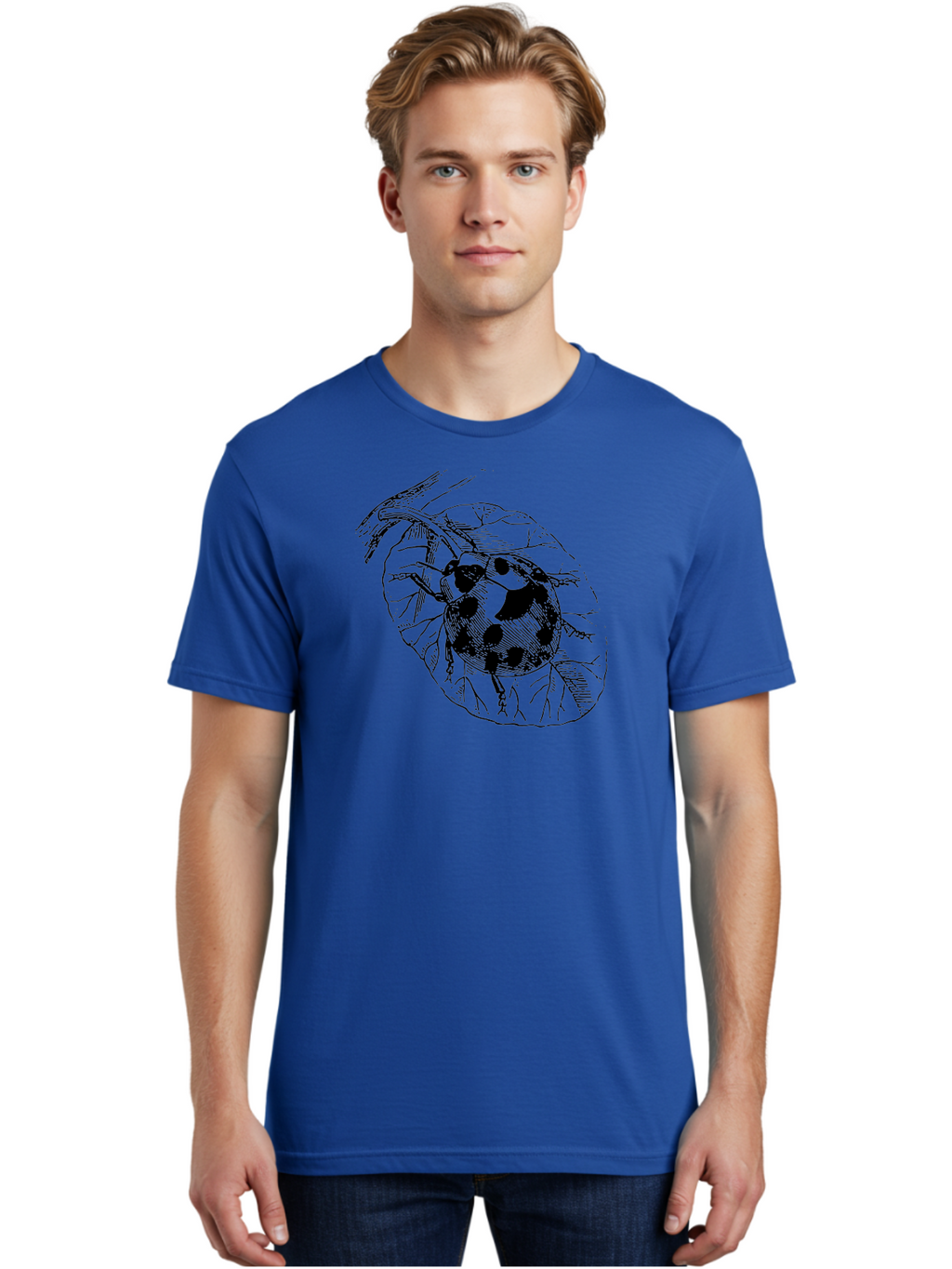 Ladybug-On-Leaf Men'S Graphic Tee, 100% Cotton, Comfortable Casual Summer Wear, Machine Washable, Ladybug On A Leaf, Black And White Illustration, Lady Beetle, Garden Insect, Sketch Art, Wildlife Illustration, Beetle On Foliage Aab541