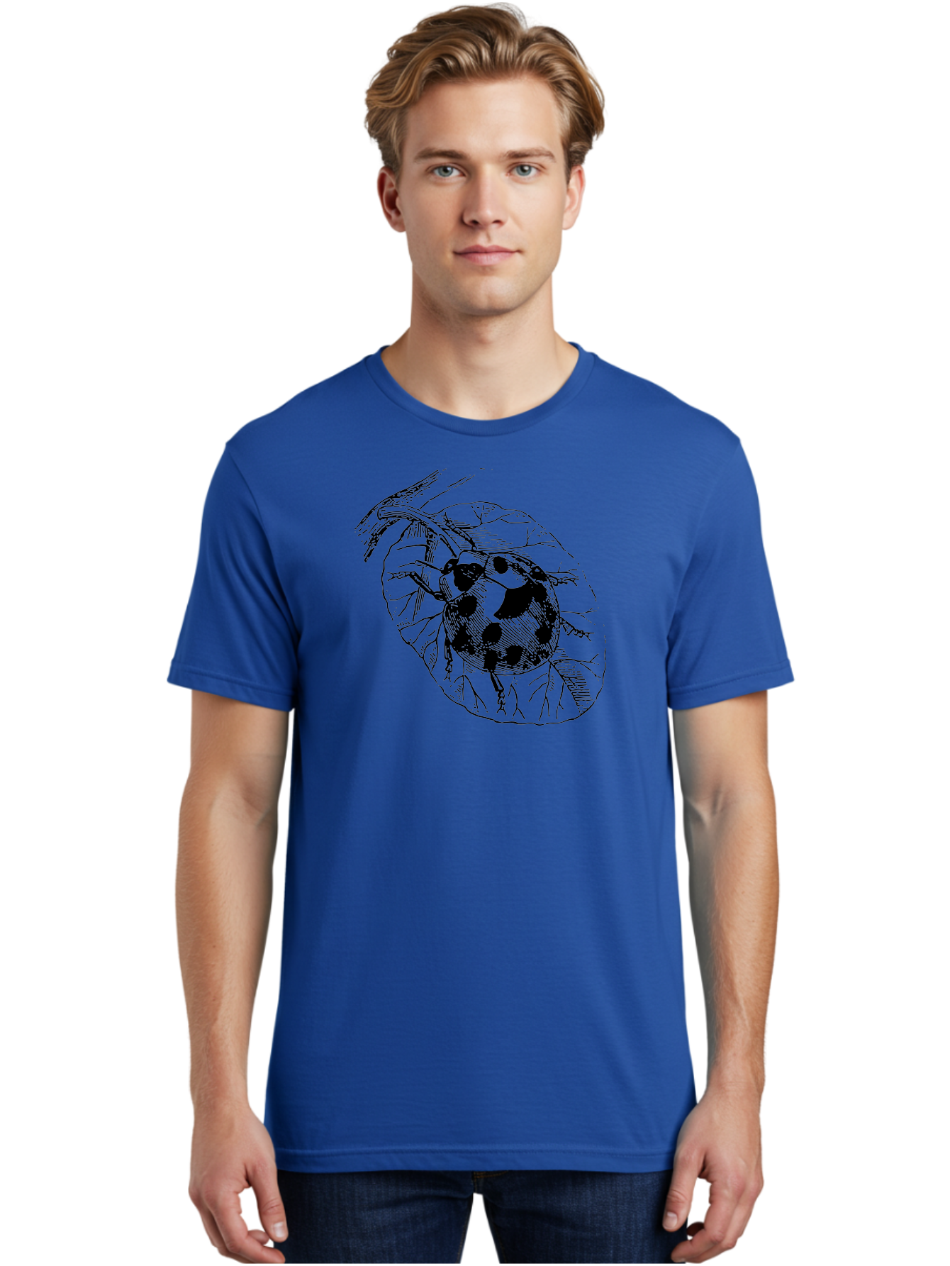 Ladybug-On-Leaf Men'S Graphic Tee, 100% Cotton, Comfortable Casual Summer Wear, Machine Washable, Ladybug On A Leaf, Black And White Illustration, Lady Beetle, Garden Insect, Sketch Art, Wildlife Illustration, Beetle On Foliage Aab541