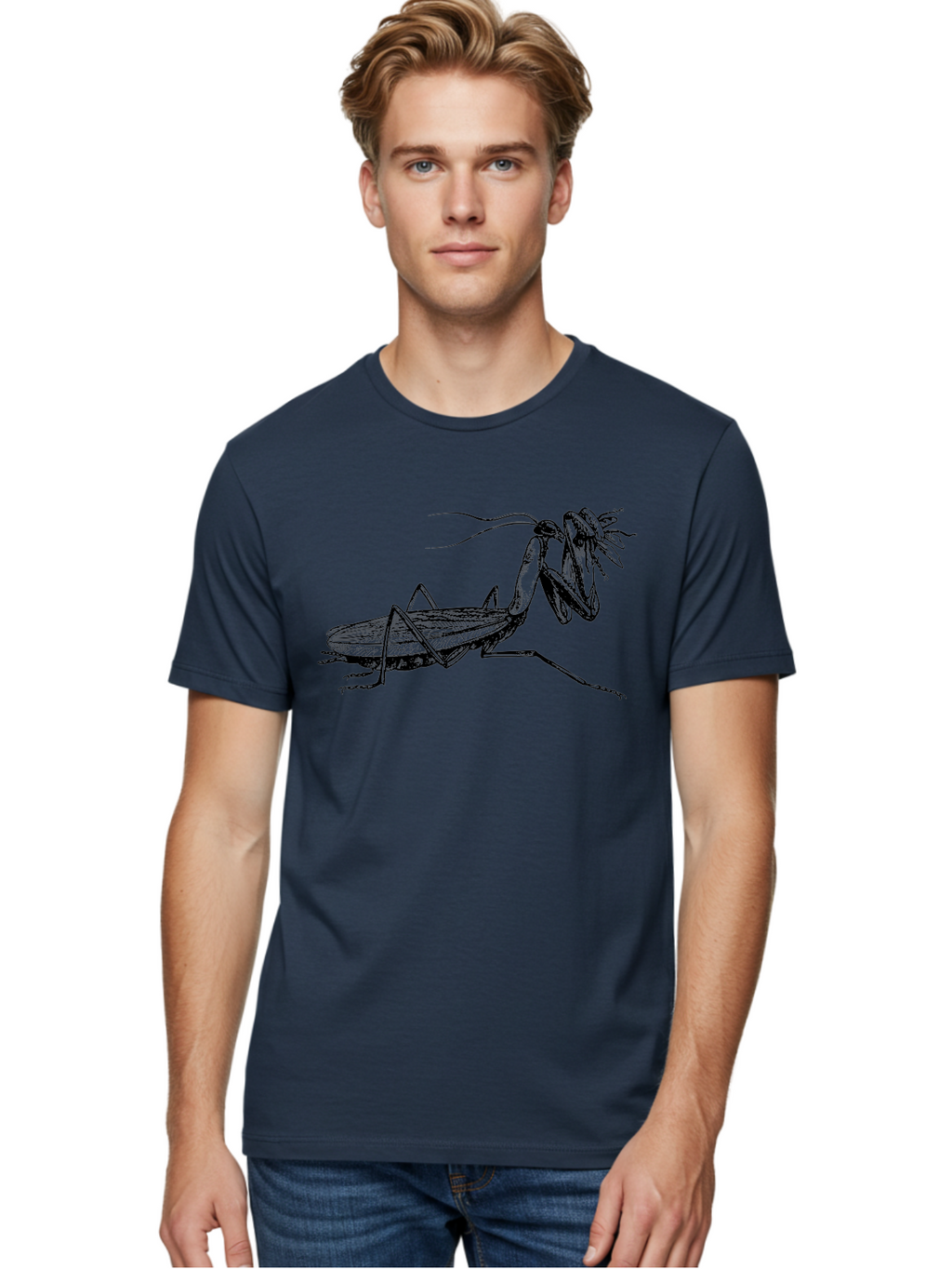 Mantis-Eating-Fly Men'S Graphic Tee, 100% Cotton, Comfortable Casual Summer Wear, Machine Washable, Praying Mantis Eating A Fly, Insect Predator, Detailed Illustration, Black And Green, Entomology Art, Wildlife Photography, Insect Behavior Aab544