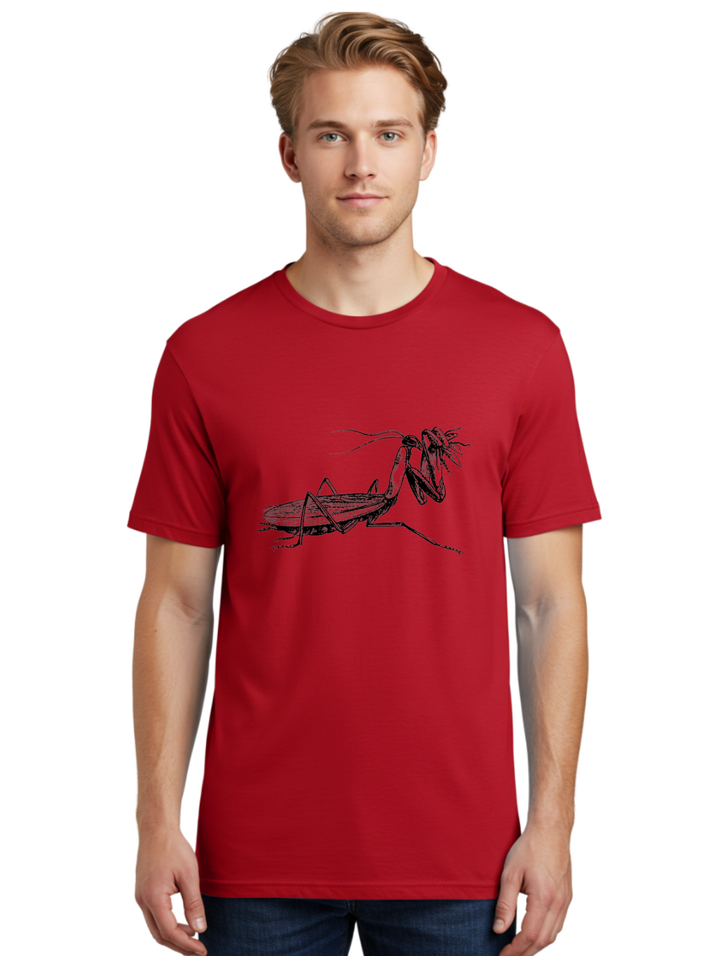 Mantis-Eating-Fly Men'S Graphic Tee, 100% Cotton, Comfortable Casual Summer Wear, Machine Washable, Praying Mantis Eating A Fly, Insect Predator, Detailed Illustration, Black And Green, Entomology Art, Wildlife Photography, Insect Behavior Aab544