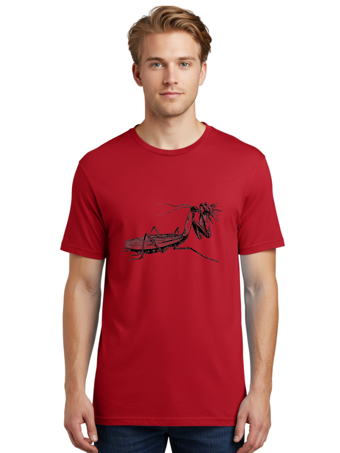 Mantis-Eating-Fly Men'S Graphic Tee, 100% Cotton, Comfortable Casual Summer Wear, Machine Washable, Praying Mantis Eating A Fly, Insect Predator, Detailed Illustration, Black And Green, Entomology Art, Wildlife Photography, Insect Behavior Aab544