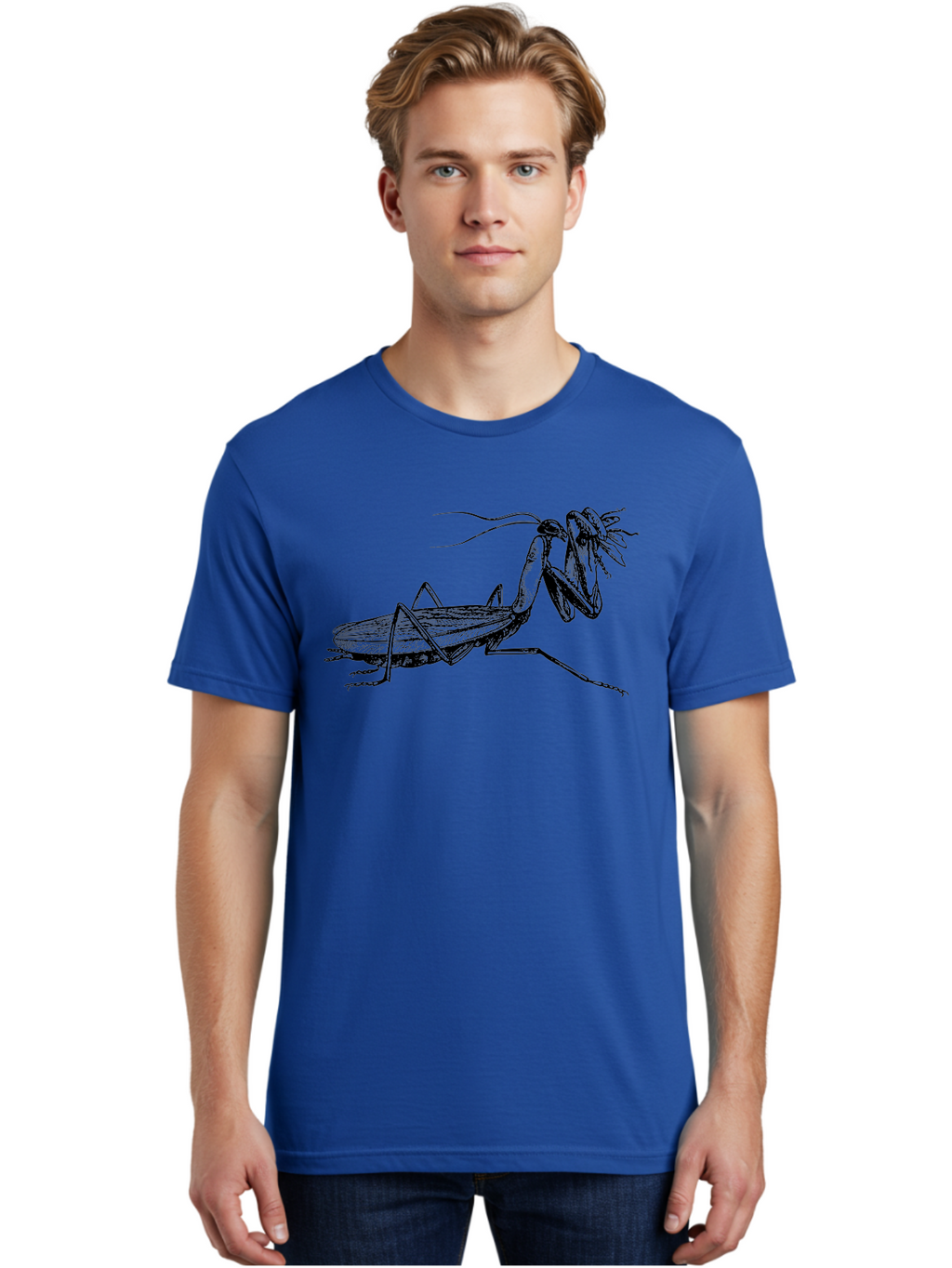 Mantis-Eating-Fly Men'S Graphic Tee, 100% Cotton, Comfortable Casual Summer Wear, Machine Washable, Praying Mantis Eating A Fly, Insect Predator, Detailed Illustration, Black And Green, Entomology Art, Wildlife Photography, Insect Behavior Aab544