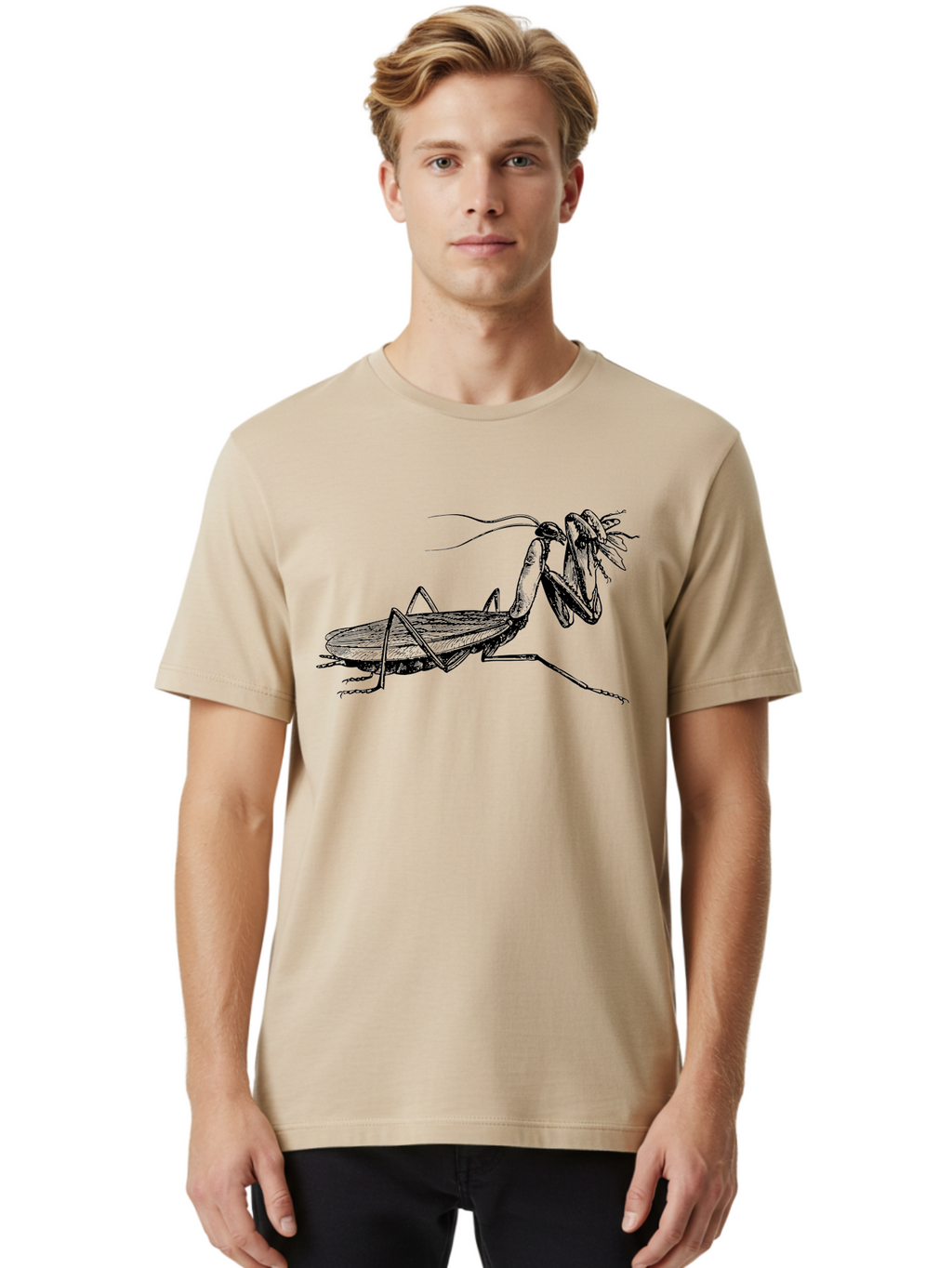 Mantis-Eating-Fly Men'S Graphic Tee, 100% Cotton, Comfortable Casual Summer Wear, Machine Washable, Praying Mantis Eating A Fly, Insect Predator, Detailed Illustration, Black And Green, Entomology Art, Wildlife Photography, Insect Behavior Aab544