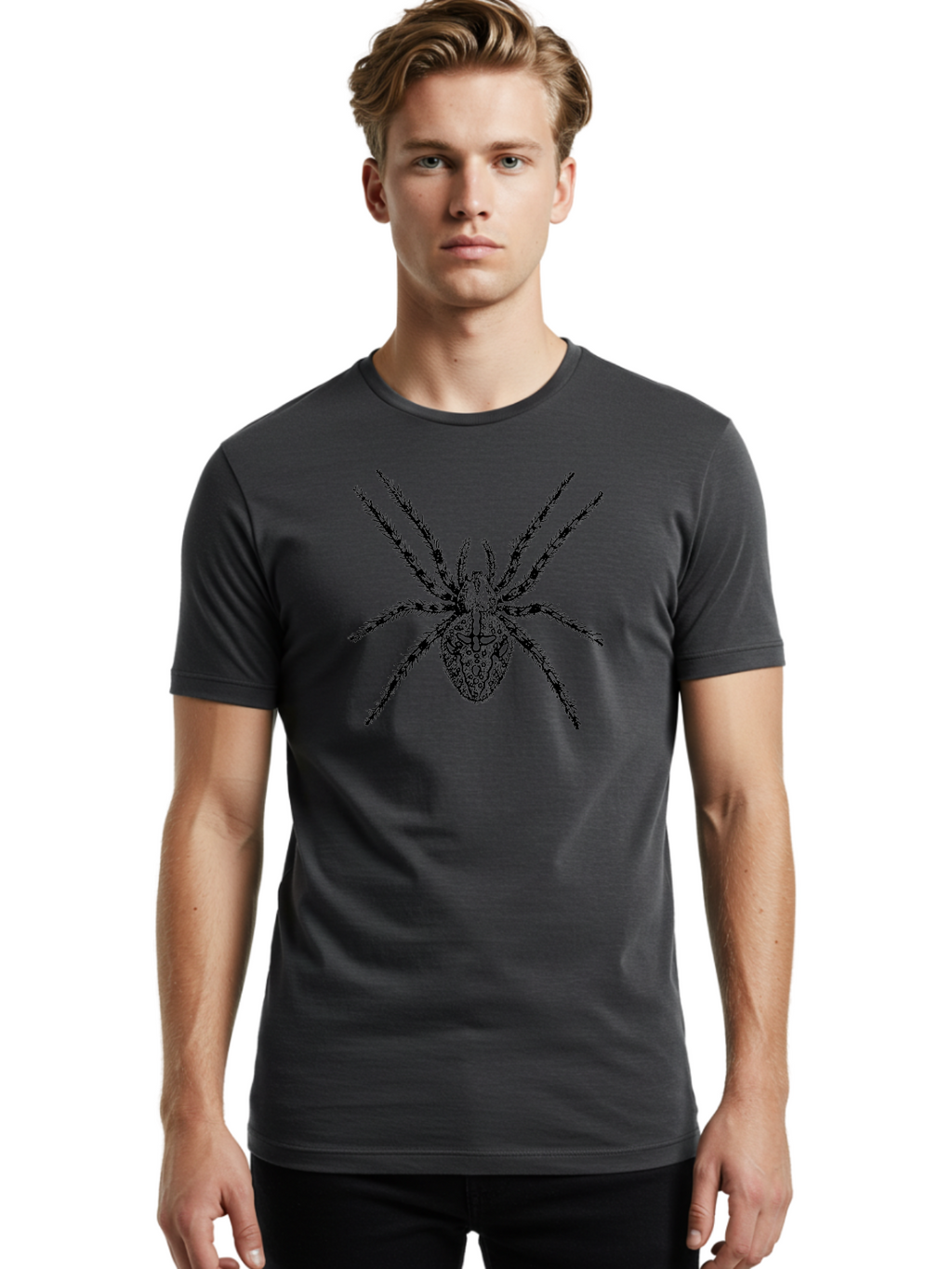 Spider-Tattoo Men'S Graphic Tee, 100% Cotton, Comfortable Casual Summer Wear, Machine Washable, Spider Art, Creepy Crawlies, Arachnid Illustration, Intricate Details, Spider Legs, Black And Green, Spider Design, Gothic Art Aab553