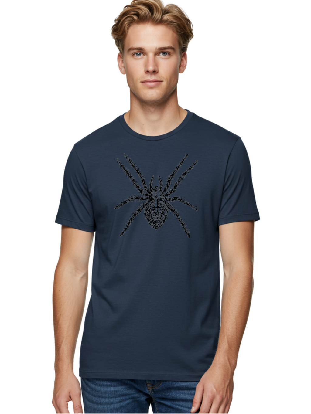 Spider-Tattoo Men'S Graphic Tee, 100% Cotton, Comfortable Casual Summer Wear, Machine Washable, Spider Art, Creepy Crawlies, Arachnid Illustration, Intricate Details, Spider Legs, Black And Green, Spider Design, Gothic Art Aab553