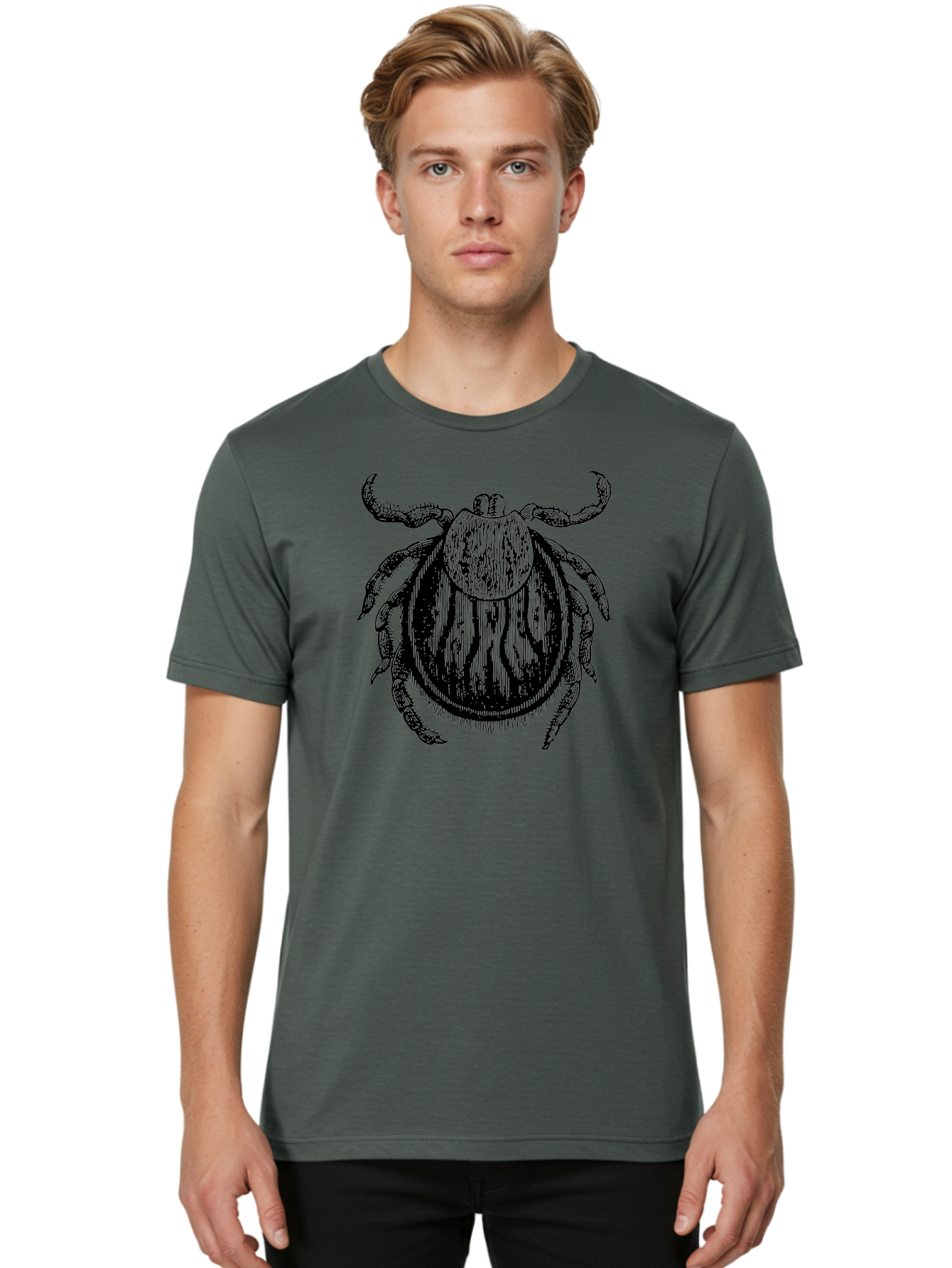 Tick Men'S Graphic Tee, 100% Cotton, Comfortable Casual Summer Wear, Machine Washable, Tick Illustration, Black And Green, Insect Drawing, Arachnid Art, Parasite Icon, Detailed Engraving, Vector Graphic, Creepy Crawlers Aab559