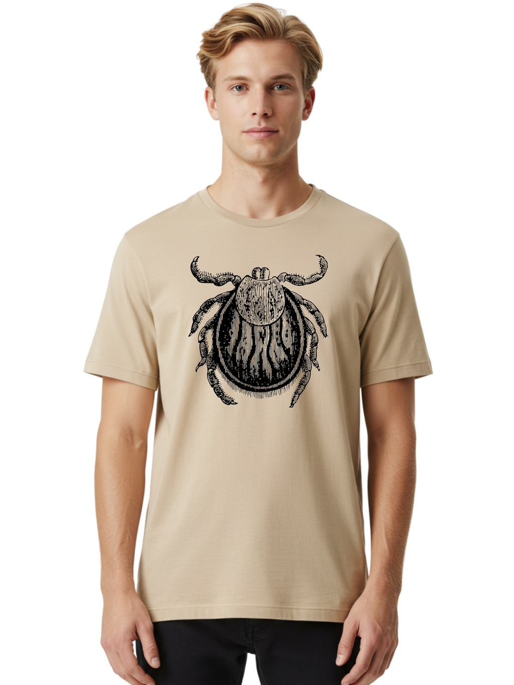 Tick Men'S Graphic Tee, 100% Cotton, Comfortable Casual Summer Wear, Machine Washable, Tick Illustration, Black And Green, Insect Drawing, Arachnid Art, Parasite Icon, Detailed Engraving, Vector Graphic, Creepy Crawlers Aab559